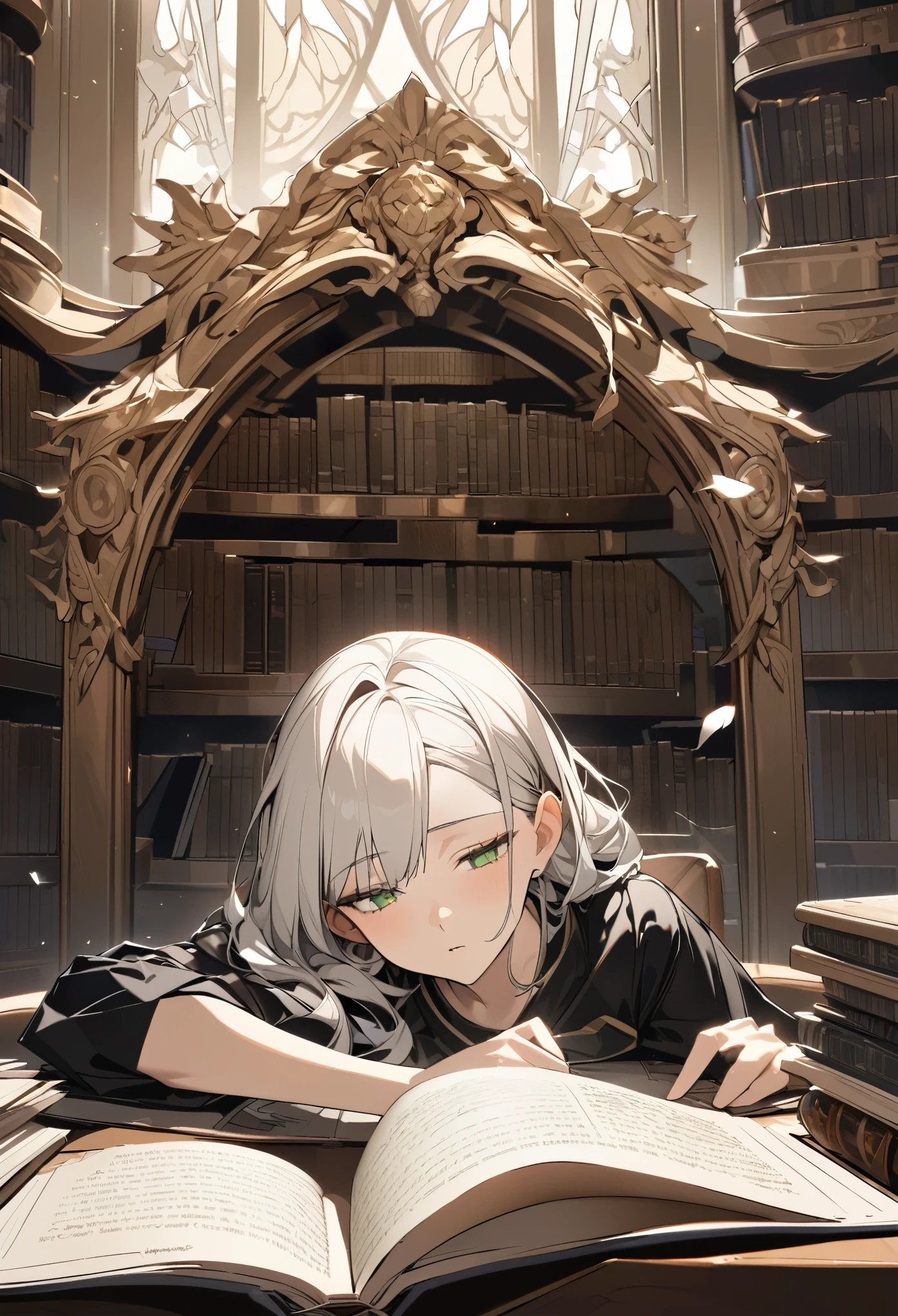 best quality, super fine, 16k, incredibly absurdres, extremely detailed, 2.5D, delicate and dynamic, beautiful woman falls asleep while reading, hair tucked behind ears, ivory hair, green eyes, portrait, background big library