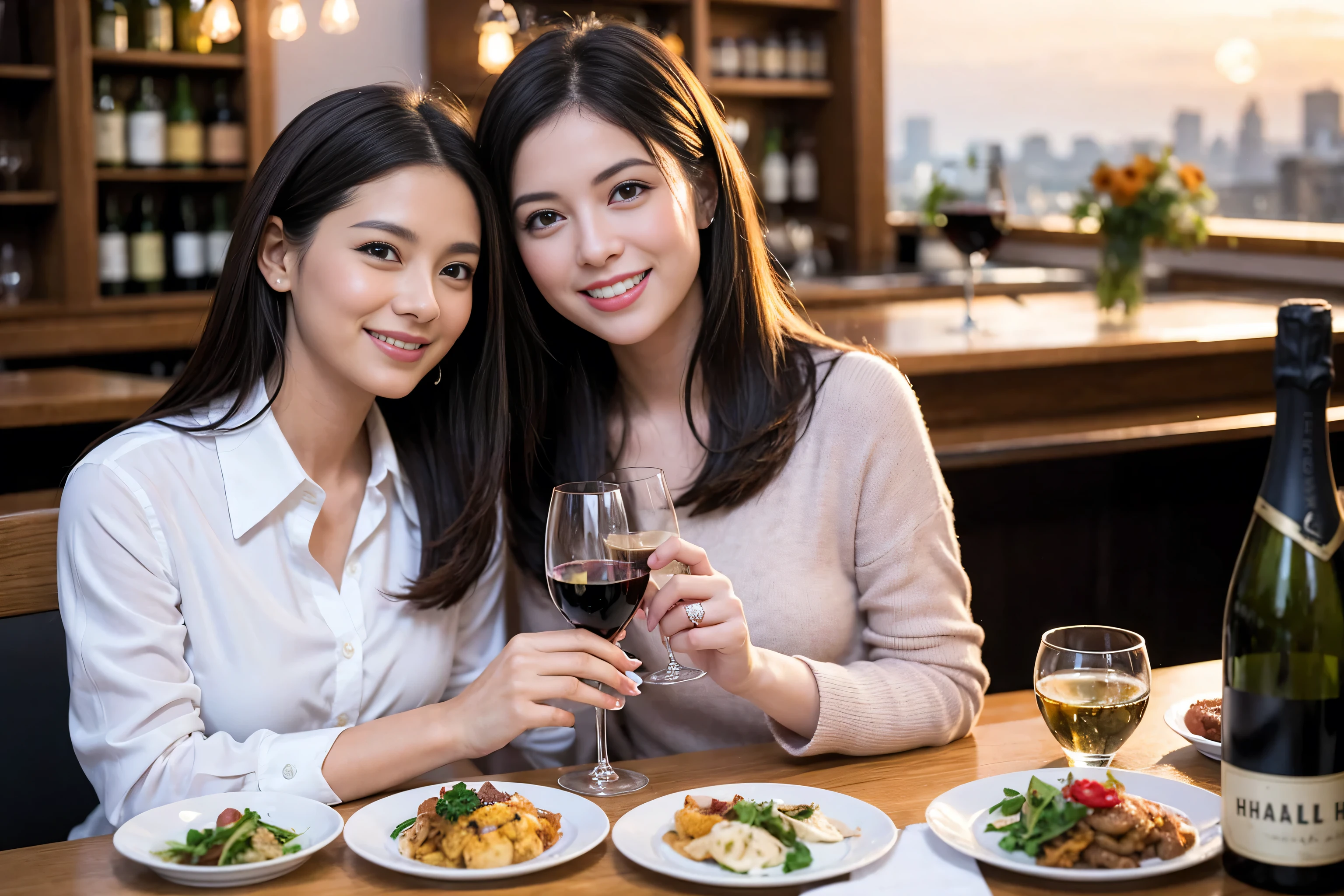 ((highest quality、8k、masterpiece:1.3))、1 male 1 female、lover、Beautiful couple、Smile、full-course dinner、 (Slim face), (the body is スリム), (Brown Hair), (Shortcuts), ((Bob Hale、Straight hair:1.2)), Wine glass on the table、Please shine a light on my face、 Amazing view of the sunset sky and clouds、The beauty of a smile、Bright image、Blushing, Shortcuts,Bright Face、 (42 years old), 39 years old, red wine 、Appetizers、Italian food、Wine bottle、Champagne、sparkling wine、Long sleeve shirt、dress、Attractive beauty、restaurant, Nova Frog Style, actress, model, Upper Body, White wine, red wine, wine glass,
