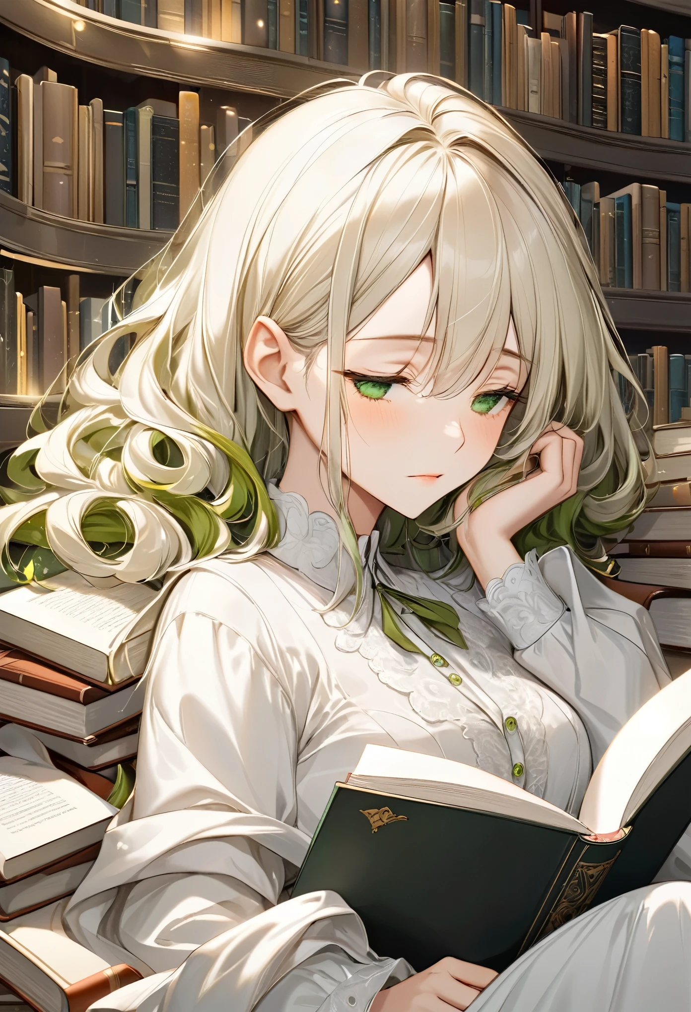 best quality, super fine, 16k, incredibly absurdres, extremely detailed, 2.5D, delicate and dynamic, beautiful woman falls asleep while reading, hair tucked behind ears, ivory hair, green eyes, portrait, background big library