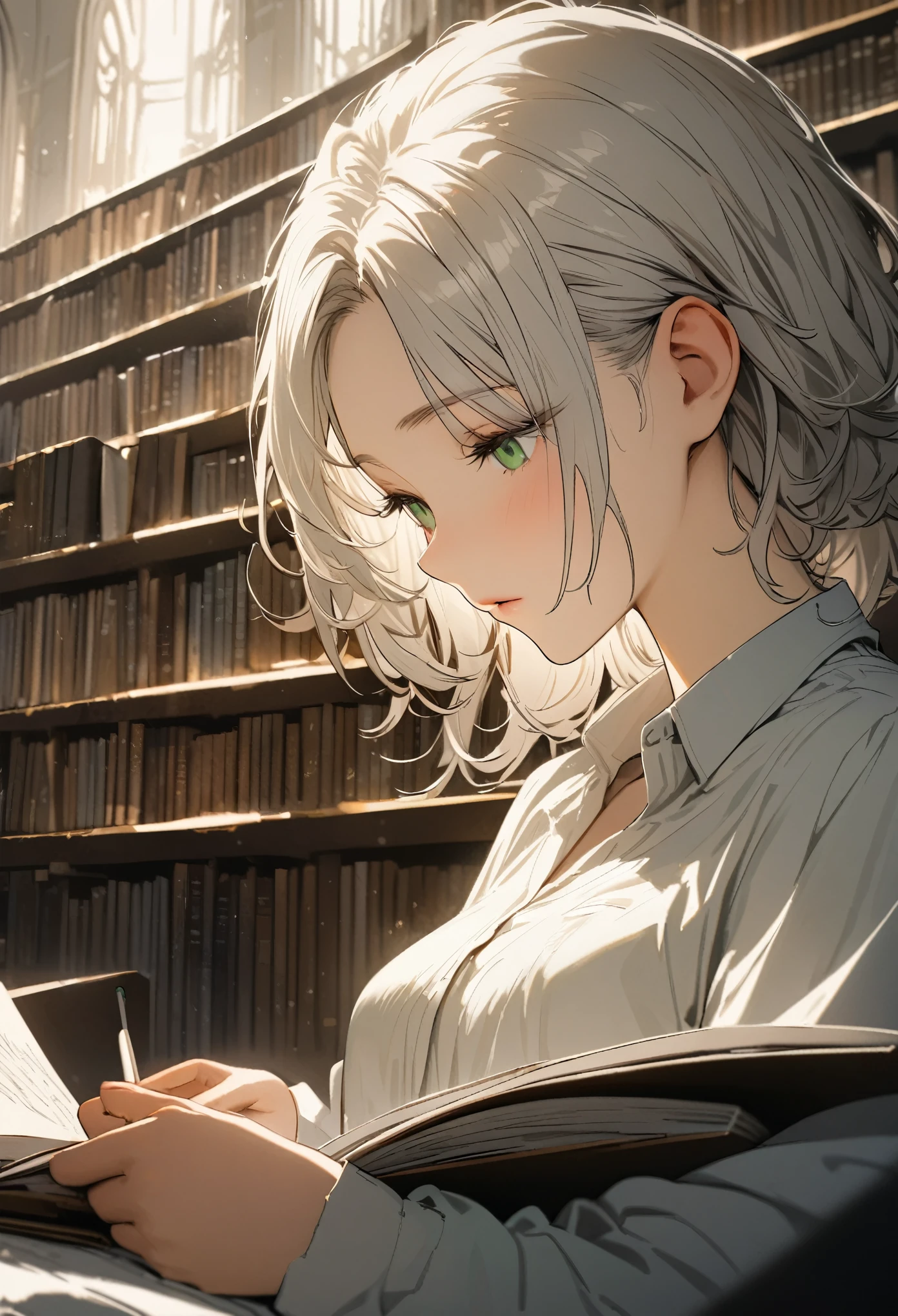 best quality, super fine, 16k, incredibly absurdres, extremely detailed, 2.5D, delicate and dynamic, beautiful woman falls asleep while reading, hair tucked behind ears, ivory hair, green eyes, portrait, background big library