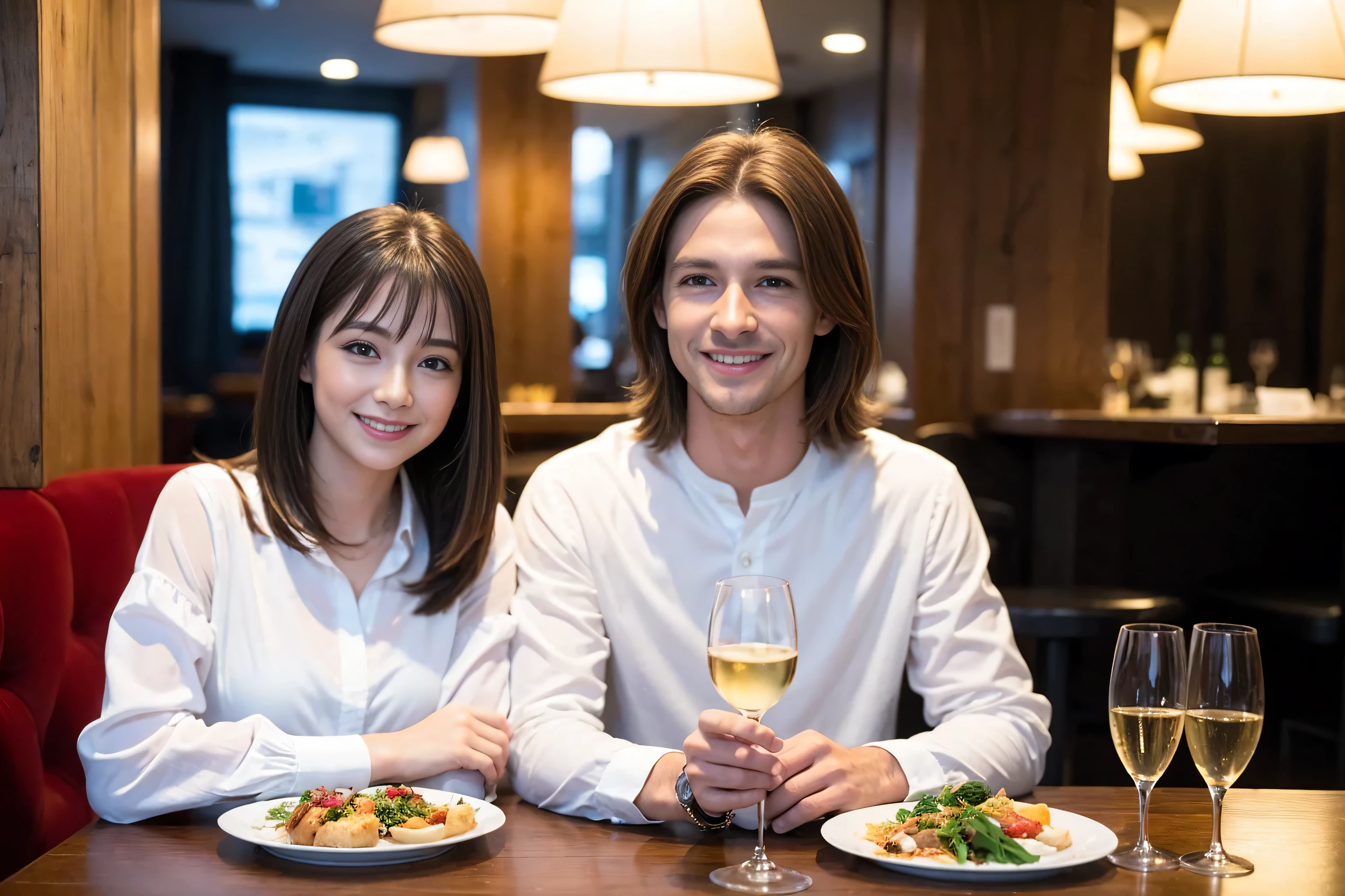 ((highest quality、8k、masterpiece:1.3))、1 male 1 female、lover、Beautiful couple、Smile、full-course dinner、 (Slim face), (the body is スリム), (Brown Hair), (Shortcuts), ((Bob Hale、Straight hair:1.2)), Wine glass on the table、shine a light on your face、 Amazing view of the sunset sky and clouds、The beauty of a smile、Bright image、Blushing, Shortcuts, (Age 35), 39 years old, Appetizers、Italian food、Wine bottle、Champagne、sparkling wine、Long sleeve shirt、dress、Attractive beauty、restaurant, Nova Frog Style, actress, model, Upper Body, White wine, red wine, wine glass,