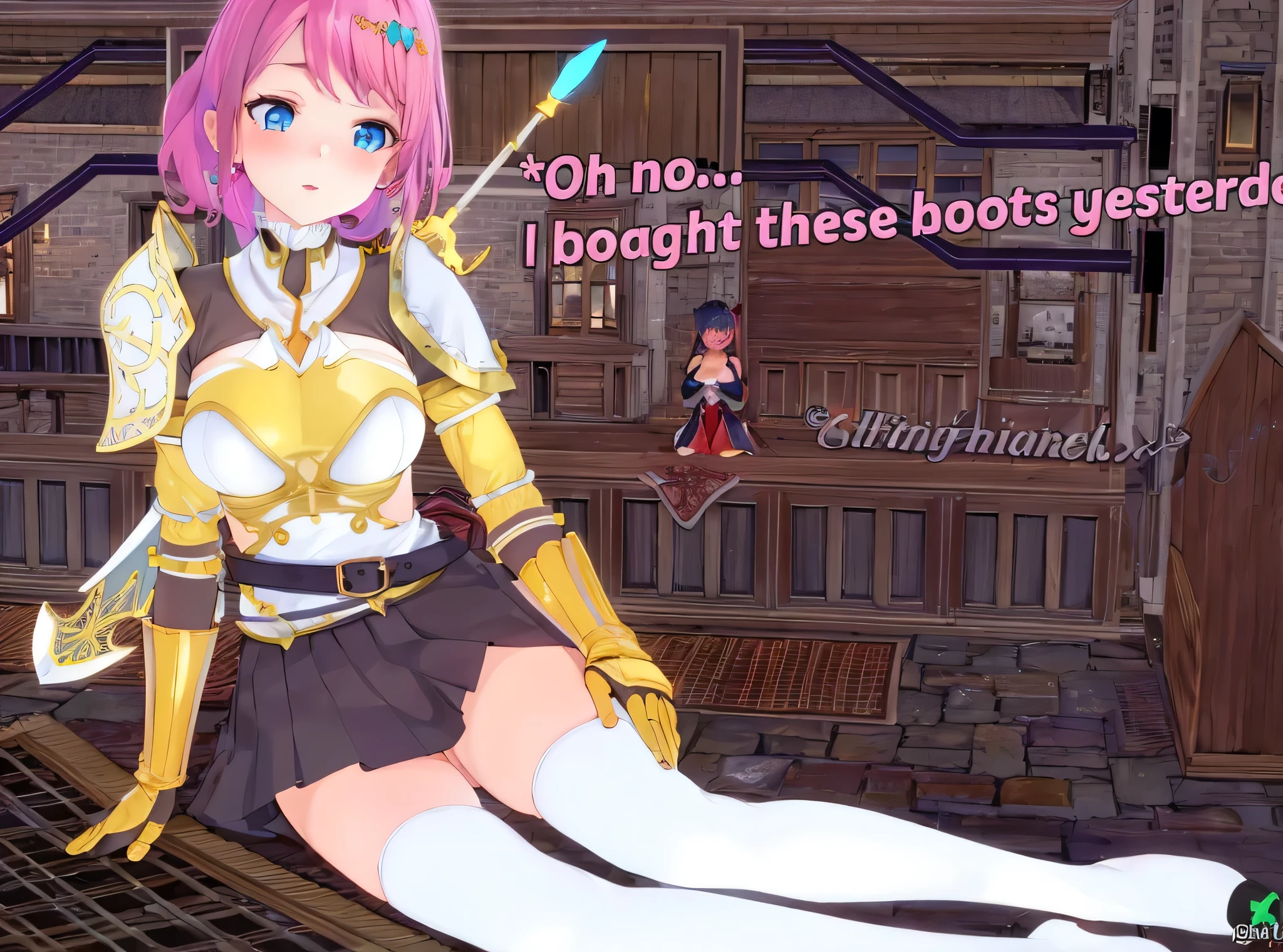 best quality, photorealistic, 8k, high res, 1girl (large breast), (skindenation), (professional lighting, bokeh), (fantasy), (medieval),(pink hair), (blue eyes), (portrait), gorgeous, bloom, gts, no text, toned, thick thighs, sitting