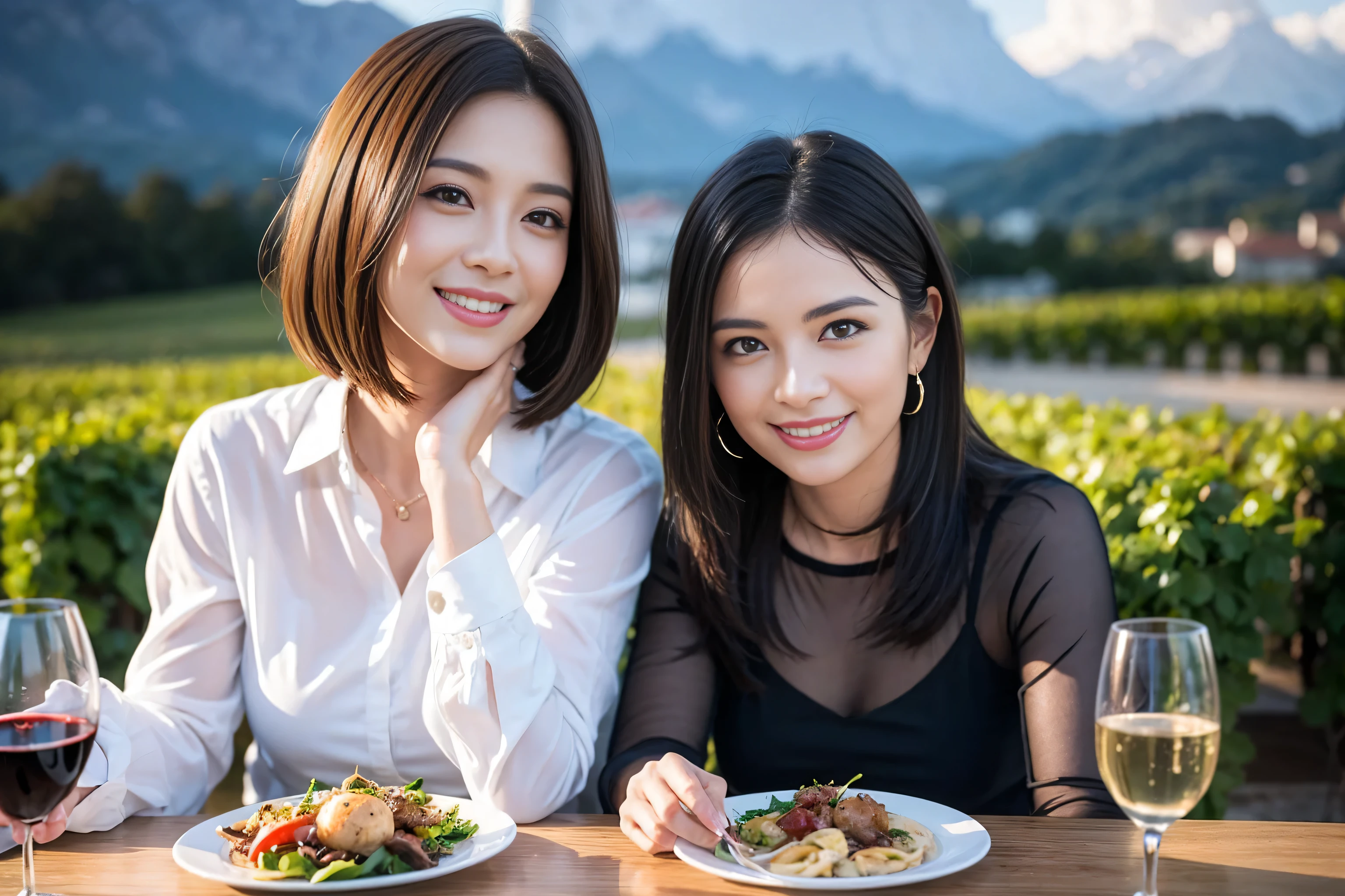 ((highest quality、8k、masterpiece:1.3))、1 male 1 female、lover、Beautiful couple、Smile、full-course dinner、 (Slim face), (the body is スリム), (Brown Hair), (Shortcuts), ((Bob Hale、Straight hair:1.2)), Wine glass on the table、shine a light on your face、 Amazing view of the sunset sky and clouds、The beauty of a smile、Bright image、Blushing, Shortcuts, (Age 35), 39 years old, Appetizers、Italian food、Wine bottle、Champagne、sparkling wine、Long sleeve shirt、dress、Attractive beauty、restaurant, Nova Frog Style, actress, model, Upper Body, White wine, red wine, wine glass,
