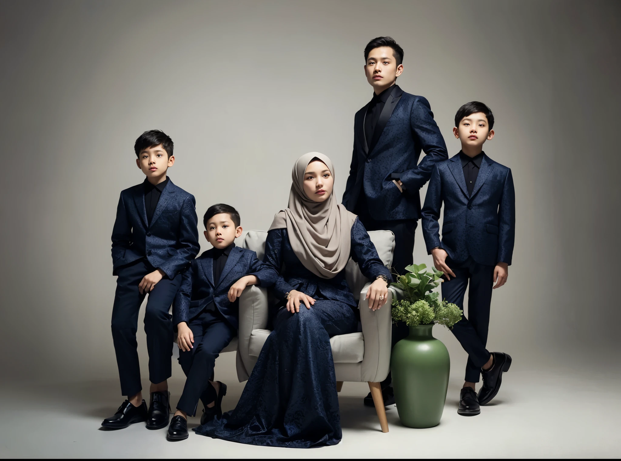 Family photo in Indonesia, five members, father and mother aged 35 sitting on the sofa, three boys aged 13, 8, and 6. They are all wearing matching dark blue luxurious suits for the boys and luxurious sharia-compliant hijab dresses for the girls, realistic photo, minimalistic background, daylight lighting, professional pose, green flower vase, detailed, best photography, uhd, 32k 