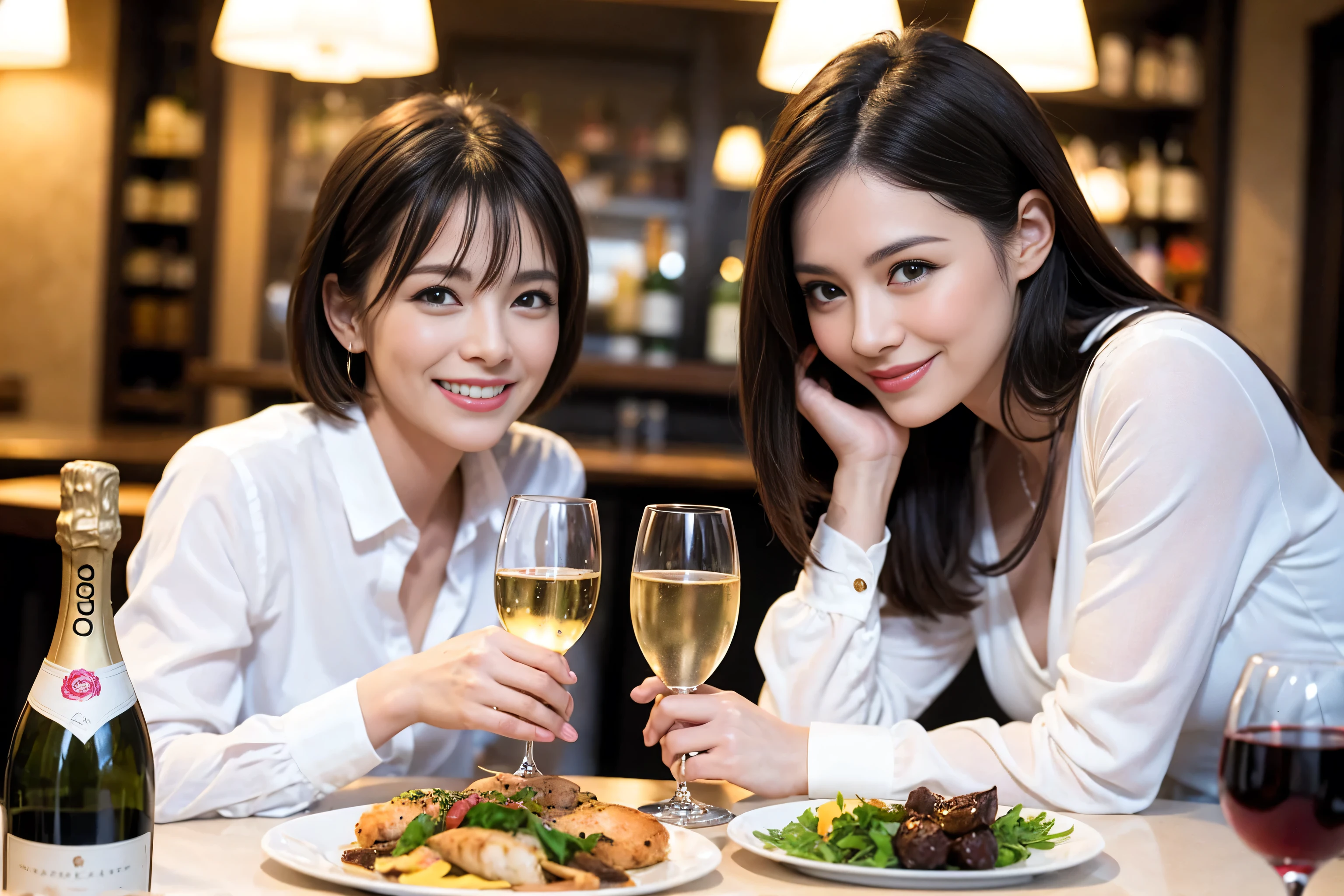 ((highest quality、8k、masterpiece:1.3))、1 male 1 female、lover、Beautiful couple、Smile、full-course dinner、 (Slim face), (the body is スリム), (Brown Hair), (Shortcuts), ((Bob Hale、Straight hair:1.2)), Wine glass on the table、shine a light on your face、 Amazing view of the sunset sky and clouds、The beauty of a smile、Shortcuts, (Age 35), 39 years old, Appetizers、Italian food、Wine bottle、Champagne、sparkling wine、Long sleeve shirt、dress、Attractive beauty、restaurant, Nova Frog Style, actress, model, Upper Body, White wine, red wine, wine glass, 