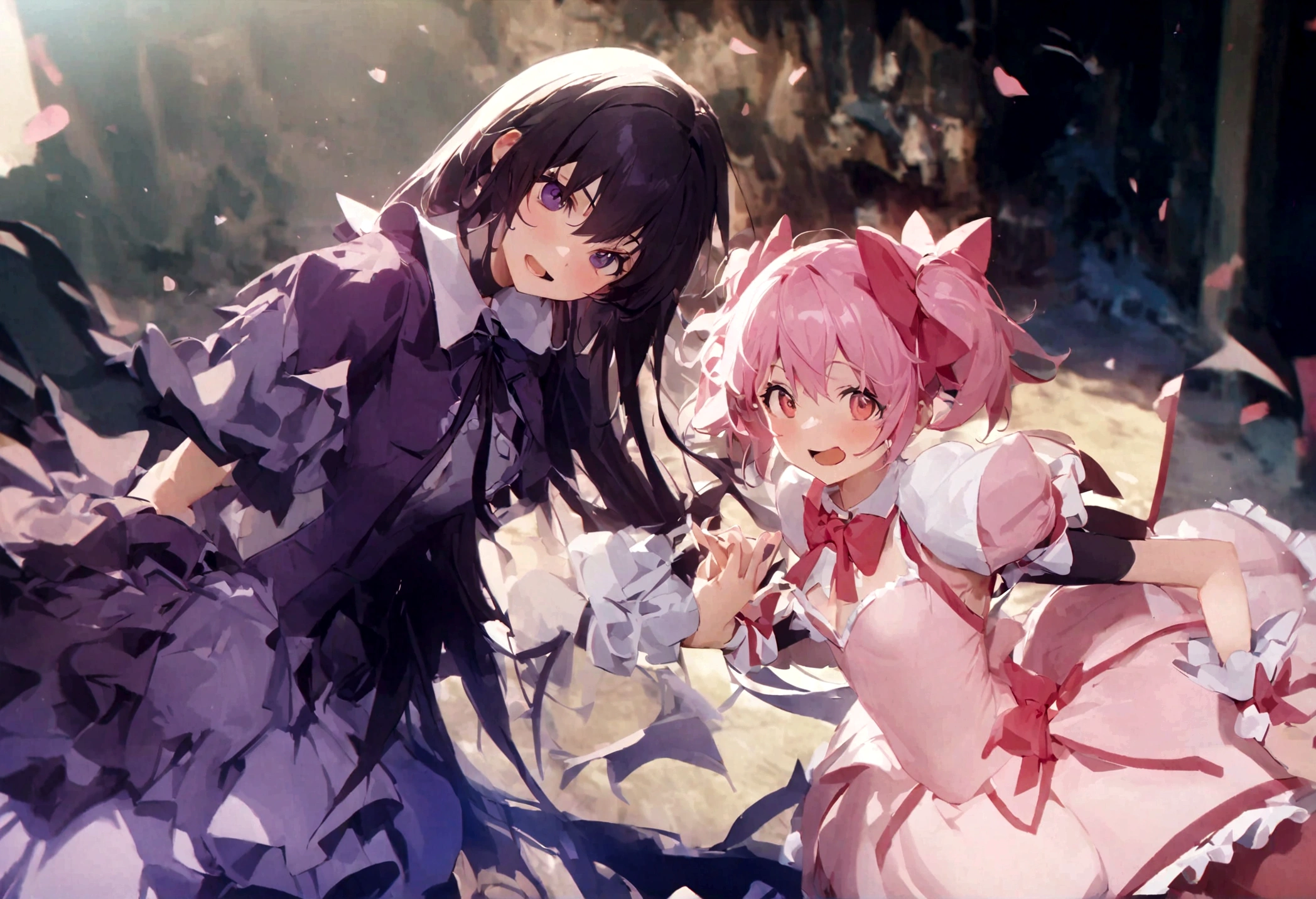 (2girls:1.5),(akemi_homura\(Puella Magi Madoka Magica,magical_girl,purple long hair,purple costume\) and kaname_madoka\(Puella Magi Madoka Magica,Magical_Girl,pink short twin tails,pink costume\) are holding hands:1.3),colorful and geometric and chaotic background of chaotic gothic shadow puppet castles,(in a very psychedelic nightmare),big clock motif at the center of background, BREAK ,quality\(8k,wallpaper of extremely detailed CG unit, ​masterpiece,hight resolution,top-quality,top-quality real texture skin,hyper realisitic,increase the resolution,RAW photos,best qualtiy,highly detailed,the wallpaper,cinematic lighting,ray trace,golden ratio\),(long shot),wide shot,landscape,blured background,art by Maurits Escher