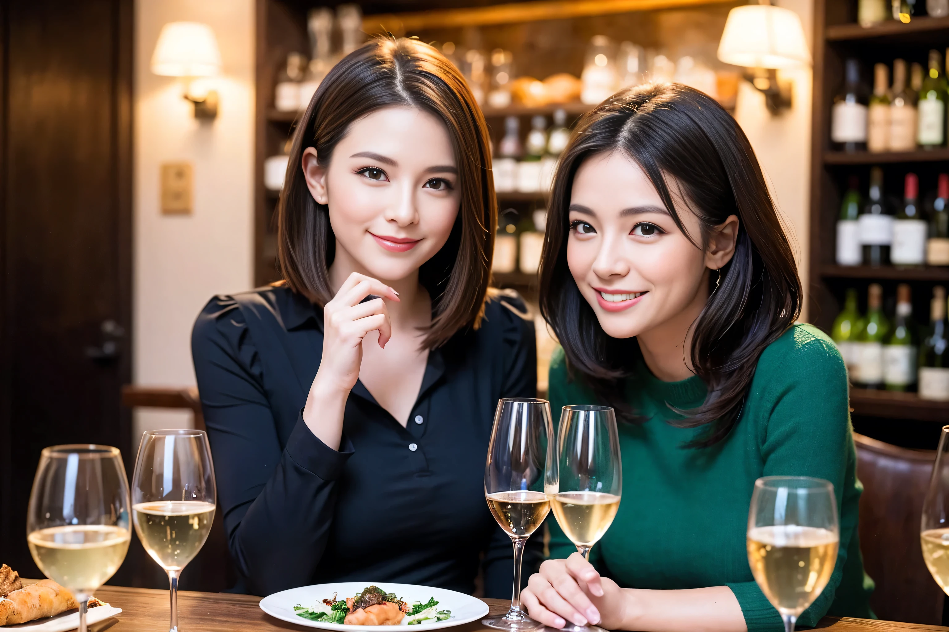 ((highest quality、8k、masterpiece:1.3))、1 male 1 female、lover、Beautiful couple、Smile、full-course dinner、 (Slim face), (the body is スリム), (Brown Hair), (Shortcuts), ((Bob Hale、Straight hair:1.2)), Wine glass on the table、shine a light on your face、 Amazing view of the sunset sky and clouds、The beauty of a smile、Shortcuts, (Age 35), 39 years old, Appetizers、Italian food、Wine bottle、Champagne、sparkling wine、Long sleeve shirt、dress、Attractive beauty、restaurant, Nova Frog Style, actress, model, Upper Body, White wine, red wine, wine glass,