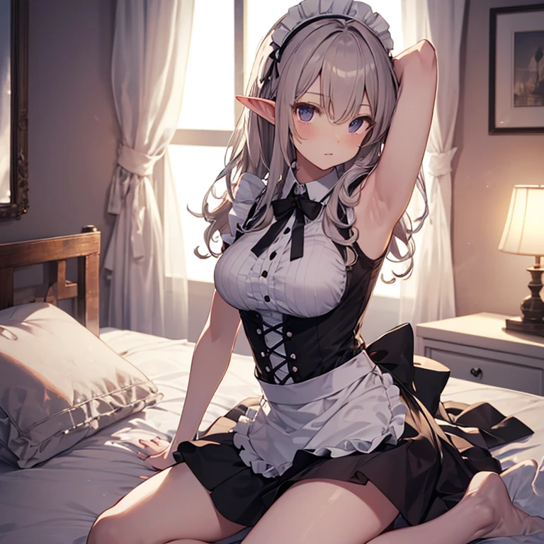 A maids, (in bedroom), various hair styles, night, details face, short skirt, seducing, sleeveless, maid uniform, armpits, elf