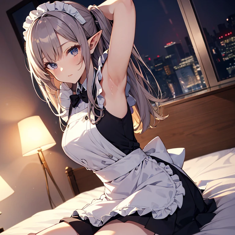 A maids, (in bedroom), various hair styles, night, details face, short skirt, seducing, sleeveless, maid uniform, armpits, elf
