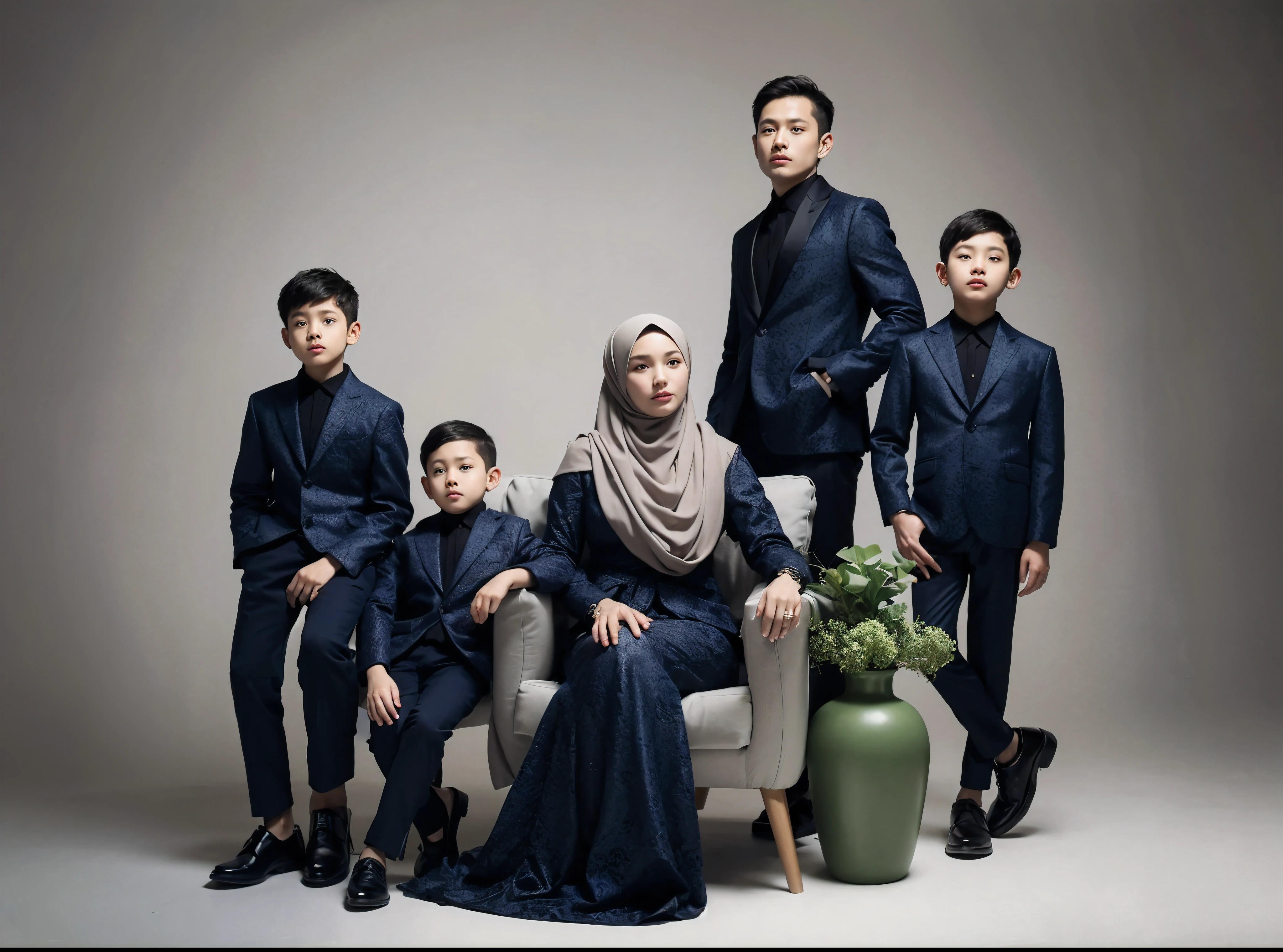 Family photo in Indonesia, five members, father and mother aged 35 sitting on the sofa, three boys aged 13, 8, and 6. They are all wearing matching dark blue luxurious suits for the boys and luxurious sharia-compliant hijab dresses for the girls, realistic photo, minimalistic background, daylight lighting, professional pose, green flower vase, detailed, best photography, uhd, 32k