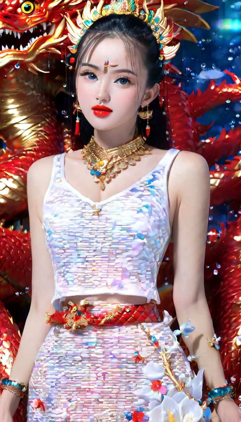 very beautiful girl; 
Age: from 18-20 years old;
skin: milk white, rosy and flawless, smooth texture, detail;
hair: yellow red, smooth, floating in the sunlight, detail;
eye: blue, charming, trang điểm high solution, true, long lanh, damp, siêu detail;
mí eye: delicate, Perfect Beauty, detail;
eyebrow: cong, dear, high solution, detail;
face: beautiful like a fairy, holiness, light makeup, Perfect balance, đẹp đến từng detail, tiêu điểm cực kỳ high solution;
nose: xinh, lovely, cao, detail;
cheekbone: prominent, detail;
lip: charming, (bright red lipstick), son bóng lovely, detail;
răng: Beaming smile, Lily-white, detail;
body: full of life, Tighten clothes;
accessory: chain, earring, bracelet, belt;
ngực: big and plump, Raised nipples, Deep chest slit, toning, bó chặt với Bra, damp, detail;
butt: develop, vừa khít underwear;
Bra: mesh fabric, metal thread, shiny;
underwear: colorful, bó sát body, bright red;
Image quality: ((Dark photo:1.1)), ((masterpiece:1.2)), ((Highest quality)), ((not NSFW)), ((8K CG HD)), ((high solution và tương phản:1.1)), ((Super nice graphics)), ((professional)), ((màu sắc detail)), ((colourful)), ((ultrafine)), ((advanced techniques)), ((RAW thật)),((Perfect texture)), ((Perfectly proportioned structure)), ((perfect photo)), ((super sophisticated)), ((face sáng)),((break the immersive perspective)), ;
light: ((color complex)), ((yellow-black rays));
light mặt trời: ((twinkle)), ((chiếu sáng body cô gái));
Girls wear (golden armor), ((dragon scales)) splendid decoration; wear ((long yellow boots)) có trang trí lạ eye; chain, Necklaces and jewelry ((solid gold)); wear earring vàng lớn)); 
((Full body photo of a girl standing on a majestic warship, luxurious; Hand holding an ancient spear, big and long, mystical, conquer the ocean)), ((wail));
((Negative-Prompt: tay xấu, Bad side, pussy xấu, saw, smudge));