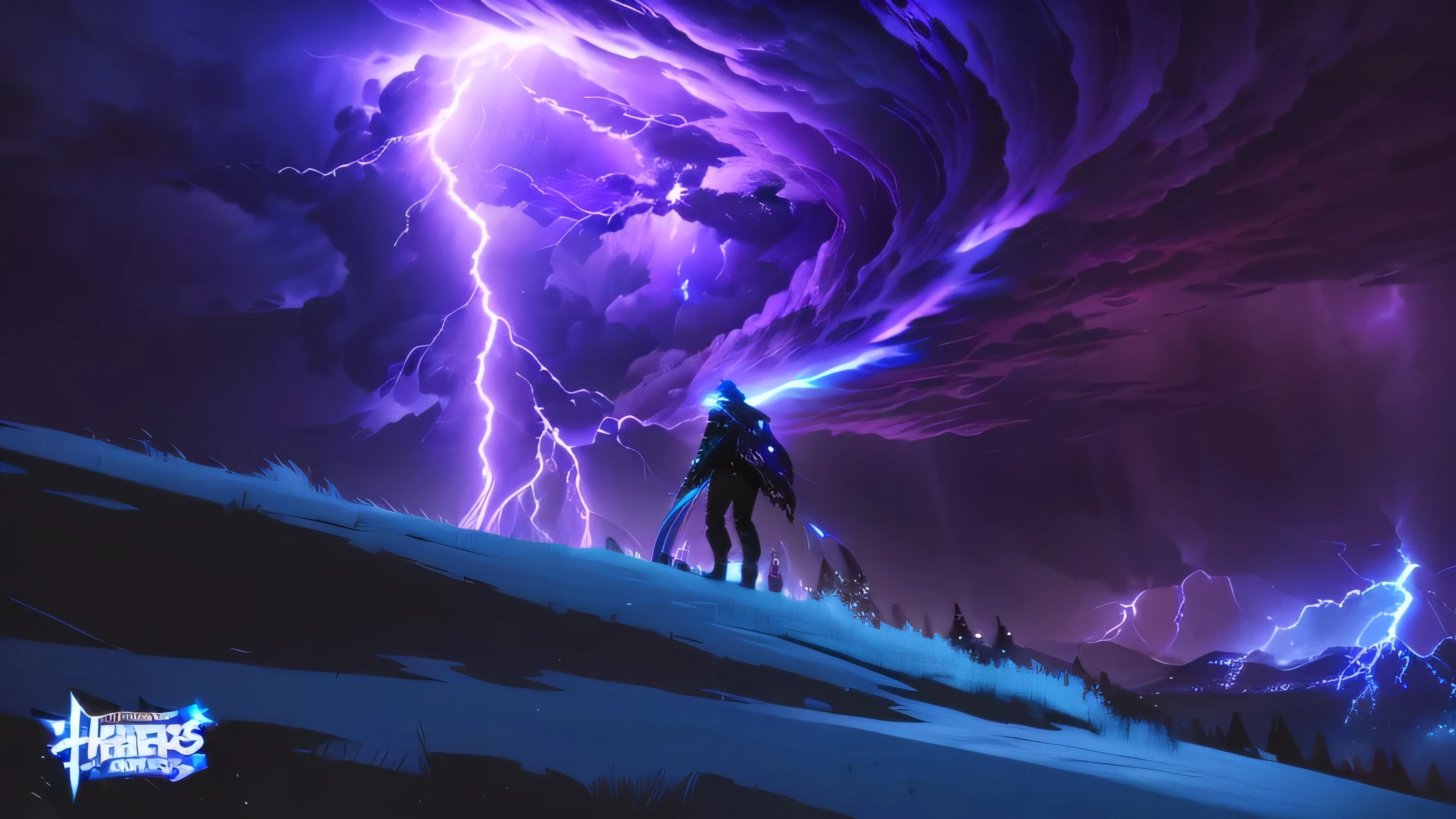 Anime-style scenes，A man stands on a hill，Background with purple and blue swirls, Screenshot of Fortress Heroes, dark night storm clouds, Epic clouds and divine lights, Stylized Storm, Detailed lights and thunder, Epic clouds and lights, Epic Lightning, Explosive Lightning Spell, epic vibrant lighting, Lightning Effect, The storm of all storms