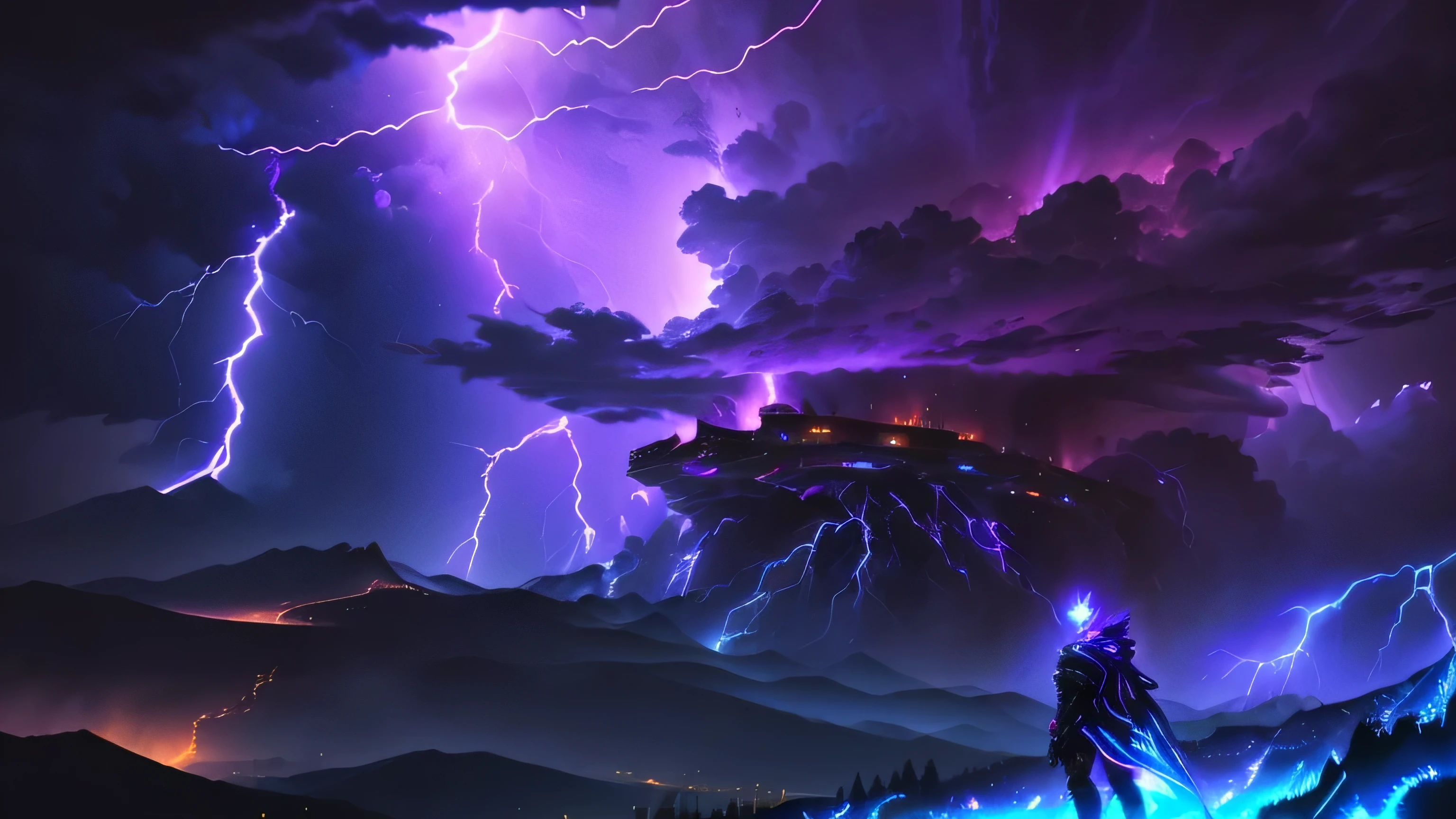 Anime-style scenes,A man stands on a hill,Background with purple and blue swirls, Screenshot of Fortress Heroes, dark night storm clouds, Epic clouds and divine lights, Stylized Storm, Detailed lights and thunder, Epic clouds and lights, Epic Lightning, Explosive Lightning Spell, epic vibrant lighting, Lightning Effect, The storm of all storms