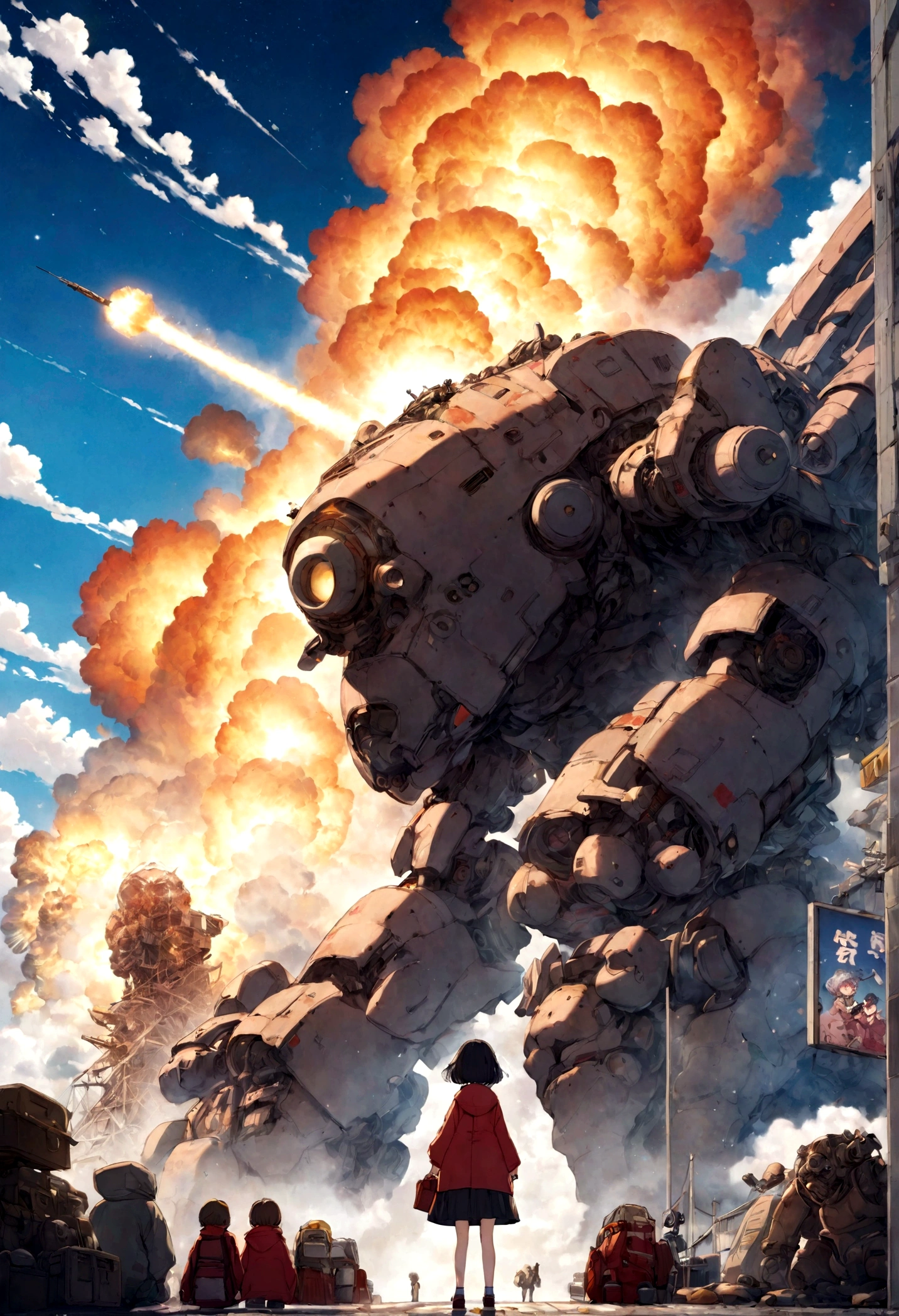 incredibly powerful Anime Girl, created by Hideaki Anno and Katsuhiro Otomo and Rumiko Takahashi, Movie poster style, box office hit, a masterpiece of storytelling, main character center focus, monsters and mech creatures locked in combat, nuclear explosions paint the sky, highly detailed,