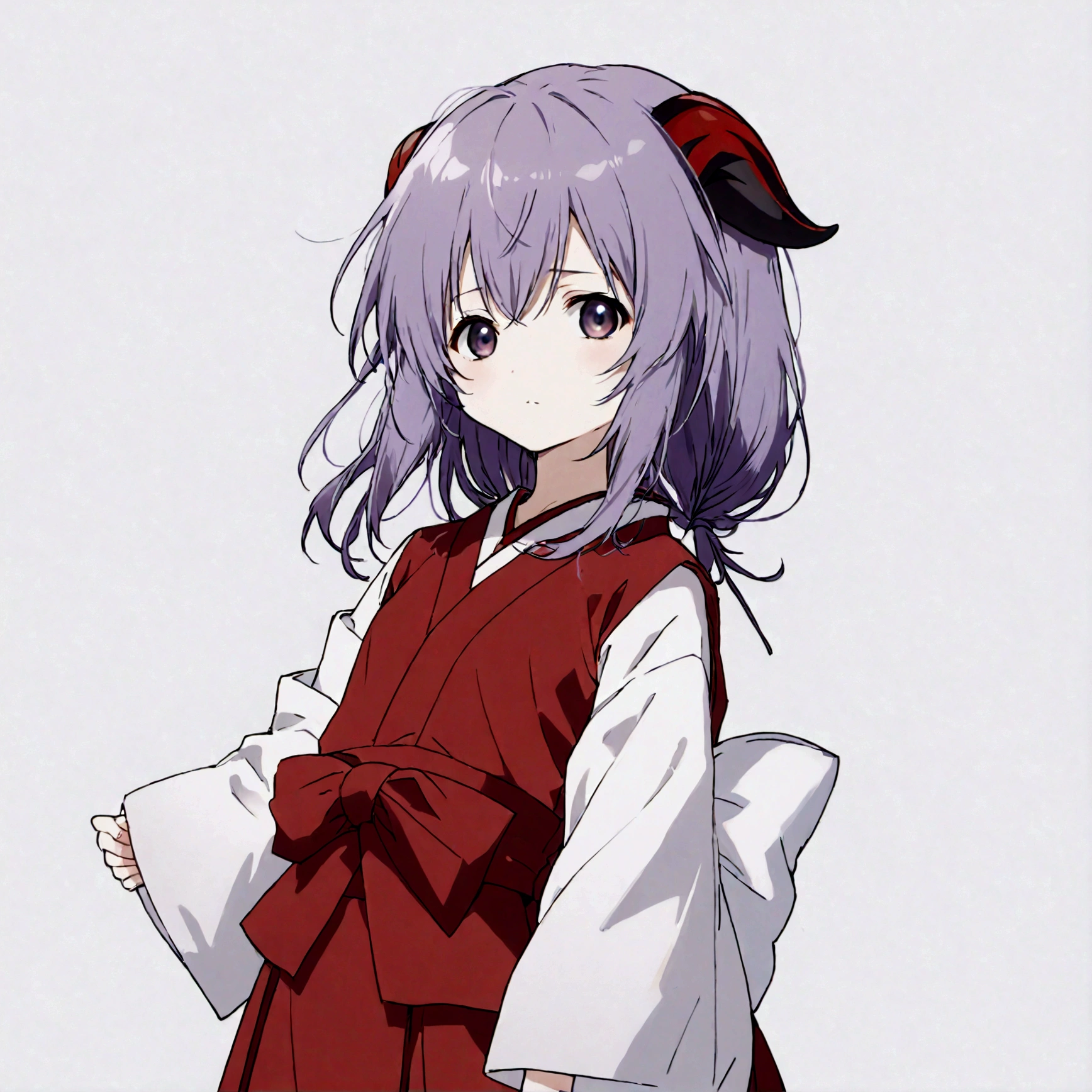 score_9, score_8_up, score_7_up, score_6_up, source_anime,BREAK , 1girl, hanyuu, solo, (tween:1.2), kawaii, ((horns)), medium breasts, purple eyes, purple hair, long hair, simple background, white background, japanese clothes, miko, skirt, hakama, hakama skirt, red detached sleeves, red hakama,v_arms,,straight-on,,anime screencap, anime coloring