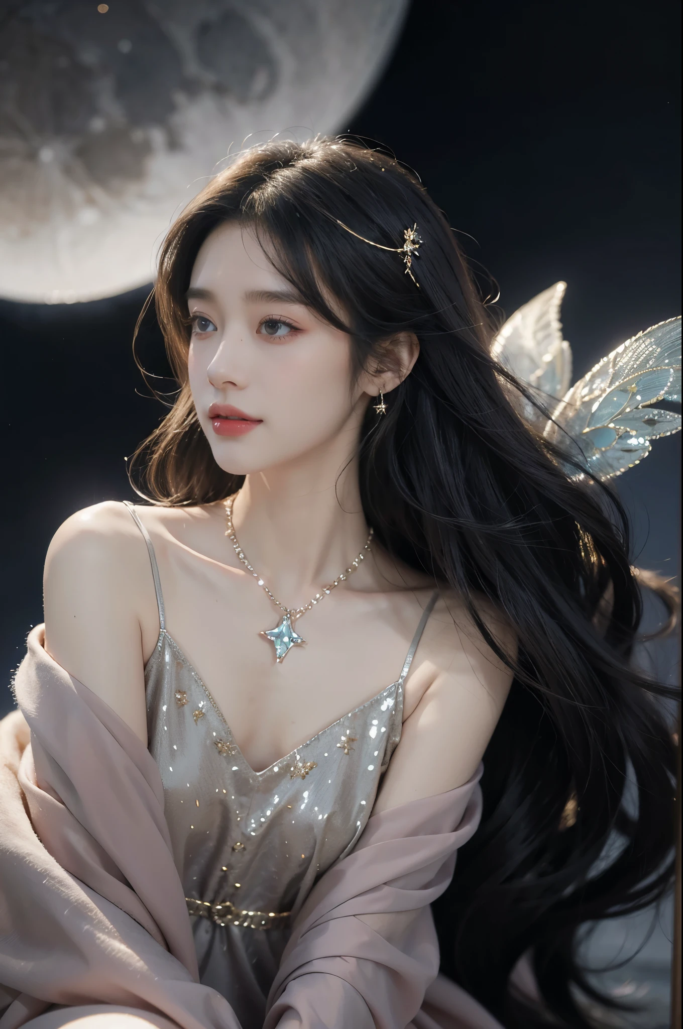 a beautiful girl,gorgeous dress,sitting,on the moon,detailed background of the moon,Moon Goddess,Beautiful Celestial Mage,Goodness of Heaven, Celestial Fairy,very Beautiful fantasy art,8k high quality detailed art,medium straight bob hair,crystal necklace,slim,thin,flat chest,small breasts,best quality,masterpiece,starry sky,night scene,close-up of face,laughing,realistic