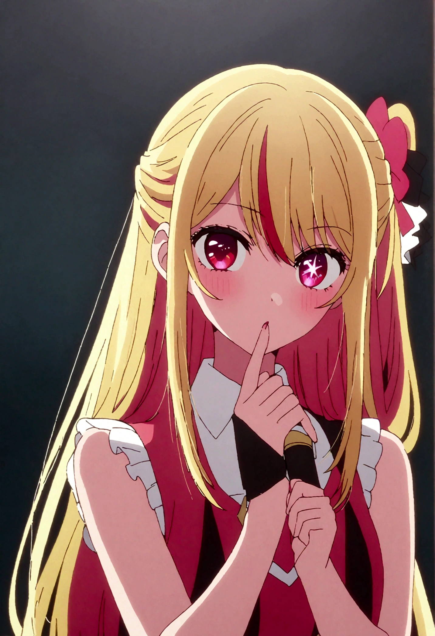 hoshinoruby, star-shaped pupils, ruby_hoshino, idol, blonde hair, bangs, 1girl, pink eyes, long hair, looking at viewer, red eyes, streaked hair,