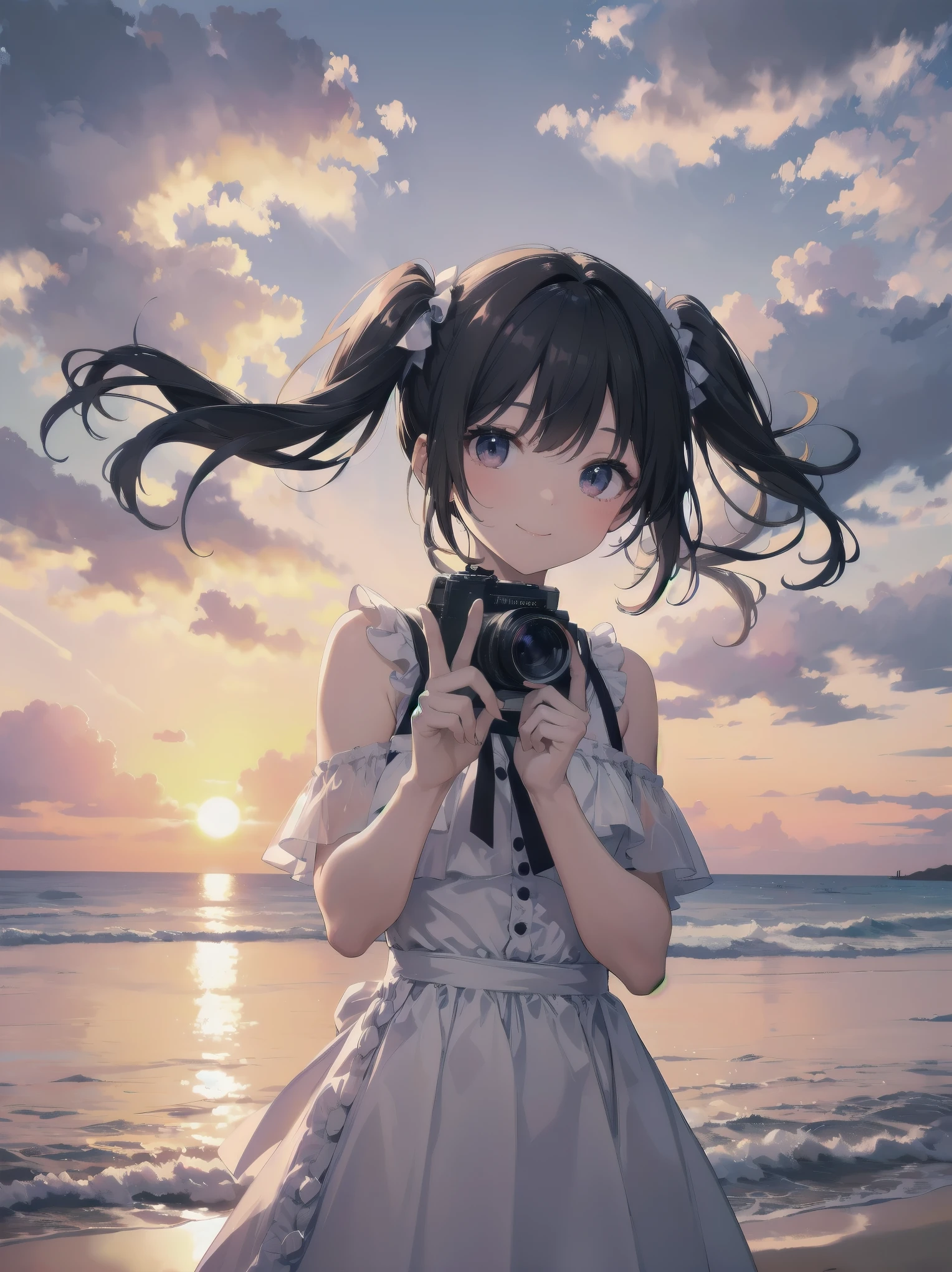 Subject: Cute beautiful girl
Subtitle: {Twintails in long black hair}{White frilly dress}{Peace sign}{Sunset on the beach}{Smile}{High quality camera, f/2.8, 1/250 sec, ISO 100, blurred background effect}

A beautiful girl with long black hair tied in twin-tails stands on a beach at sunset. Her white frilly dress is swaying in the wind, enhancing her elegance. The beautiful girl makes a peace sign and smiles. The orange of the setting sun illuminates her face, making her smile look even prettier. The background clearly shows the expanse of sea and sky, and the whole scene is as beautiful as a scene from a film. The camera was set to a high quality camera with an aperture of f/2.8, a shutter speed of 1/250 sec and ISO 100, and the background was blurred to make the subject stand out.