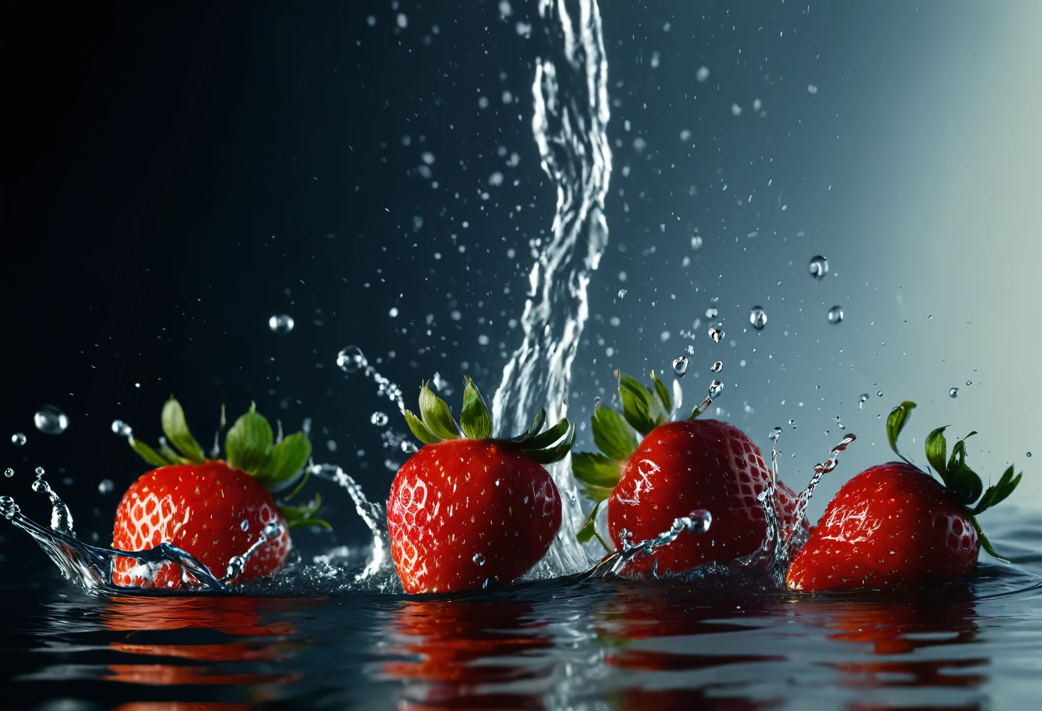 Cinematic RAW photos，Super real photos，Super real photos，digital SLR，soft light，Product photo of 5 strawberries falling into water、dripping water、Splashing clear liquid、splash，Dynamic Composer Master Section) (best quality) (detailed) (movie lighting) (sharp focus) (complex), main part, best quality, ultra high resolution, 8K Ultra HD