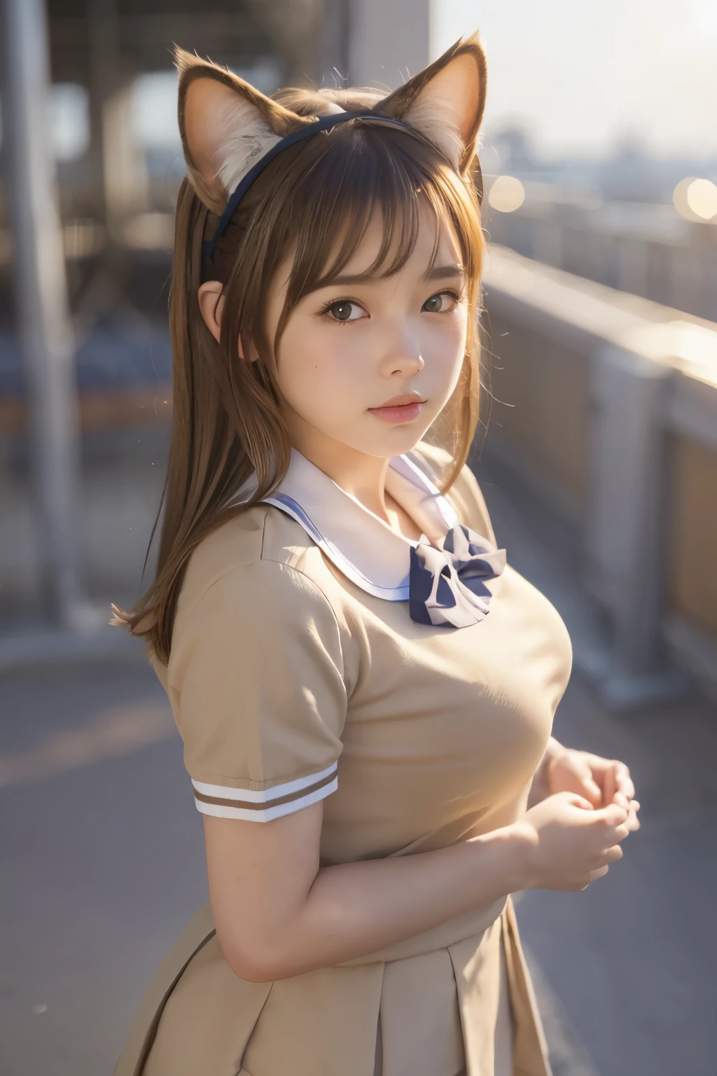 masterpiece, 4K, bokeh, 1 perfect portrait of a girl, (Light brown hair), brown eyes,(Cat ears:1.3),(school uniform:1.3), Long and slim body type, sundown seashore, (Plump breast:1.3)