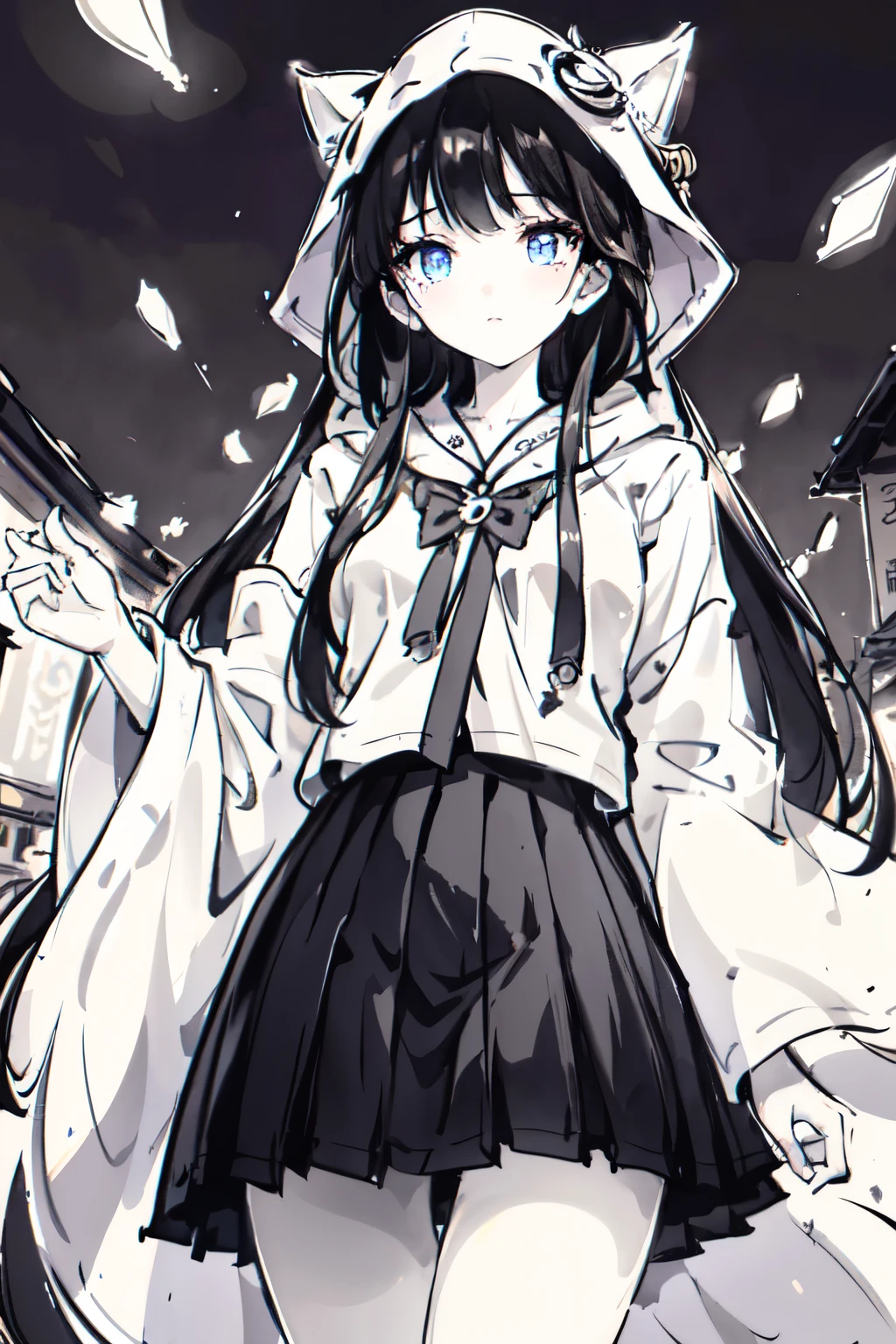 ((highest quality)), ((masterpiece)), (detailed), Monochrome、Black and White、One girl,Tall girls、 hoodie、mini skirt、Wearing a hood、Bob Hair、blue eyes、Glowing Eyes、Sharp Eye、Hanging eyes、Beautiful Face、Black Hair、Hair ornament made of strips、Thighs、A rain of paper strips、Tanabata、Arcade Shopping Street、night、Cowboy Shot