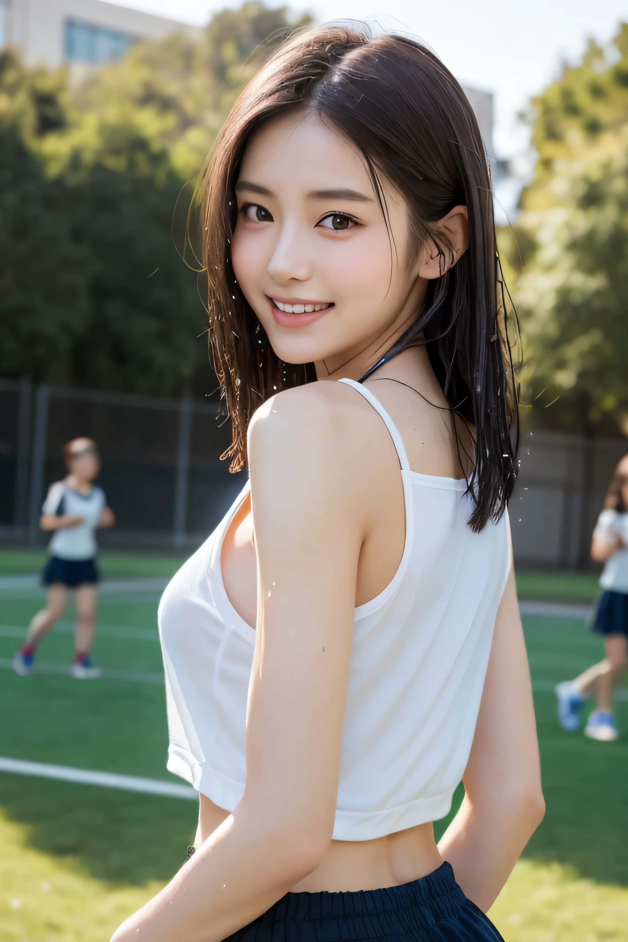 (8k、live-action、Raw photo、highest quality、masterpiece:1.2),(Outdoors),((Perfect lighting)),(Wet hair),Watching the audience,Sexy pose, cute smile,18-year-old,student,White skin,knees,Small Face,Part the front hair from the center、The forehead is visible,skinny,skinny)、masterpiece,highest quality、超A high resolution,one person, solo,Close-up shot、cute、Back to Students,(Sporty clothes:1.3),High school girl,Japanese women,(Photoreal:1.37)、Photon Mapping,Realistic、cuteSmall Face,Brown eyes、prospect、Depth of written boundary、Blurred Background、Real,(I can see the front hair), hair, I can see the knees, thigh,(Nogizaka Idol), actress、Big and ample breasts、Cleavage、Super fine、Low people、(Skin with visible pores:1.2)、(Focus on the face)、8 heads、Natural neck、Check and correct the skeleton