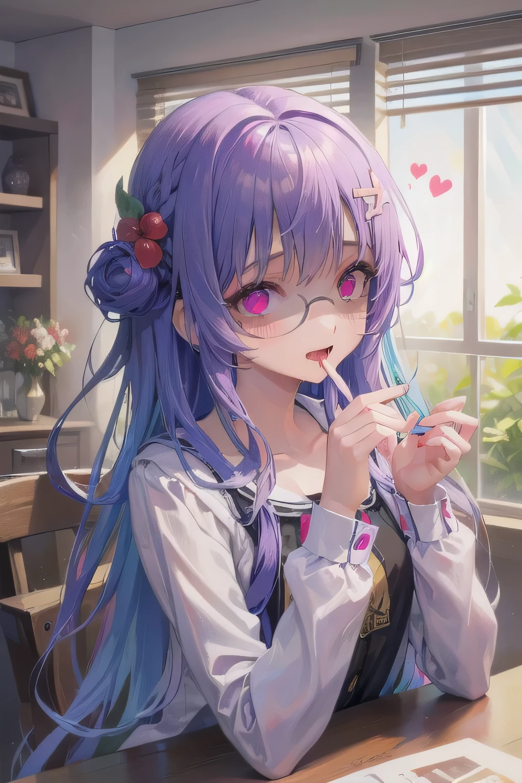 (Tabletop:1.0), (highest quality:1.4), (High resolution:1.2), From the side,Sharp contours, long hair, highest quality, masterpiece,Glasses,Voice of the Heart,yandere,Browsing Caution,nude,facial,Excessive ,Chest to chest,Upper Body,Ecstasy,saliva,blush,Heterochromia iridis,Colorful Hair,Dynamic composition