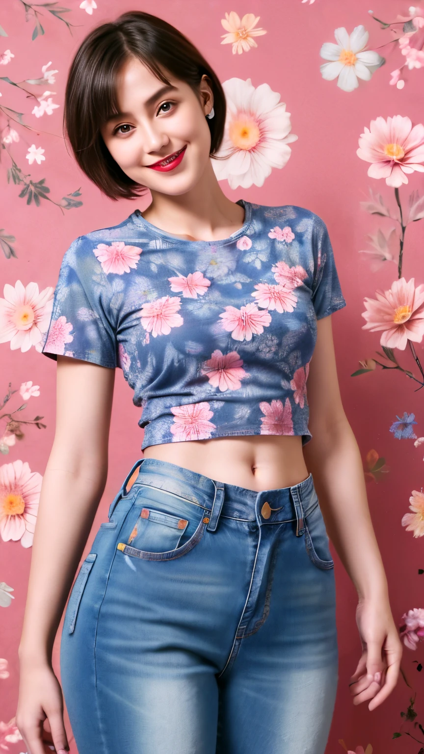 238 18-year-old female, short hair, (Jeans andT-shirt), A kind smile, lipstick, Abdominal muscles, (Floral Background、Fractal Patterns)