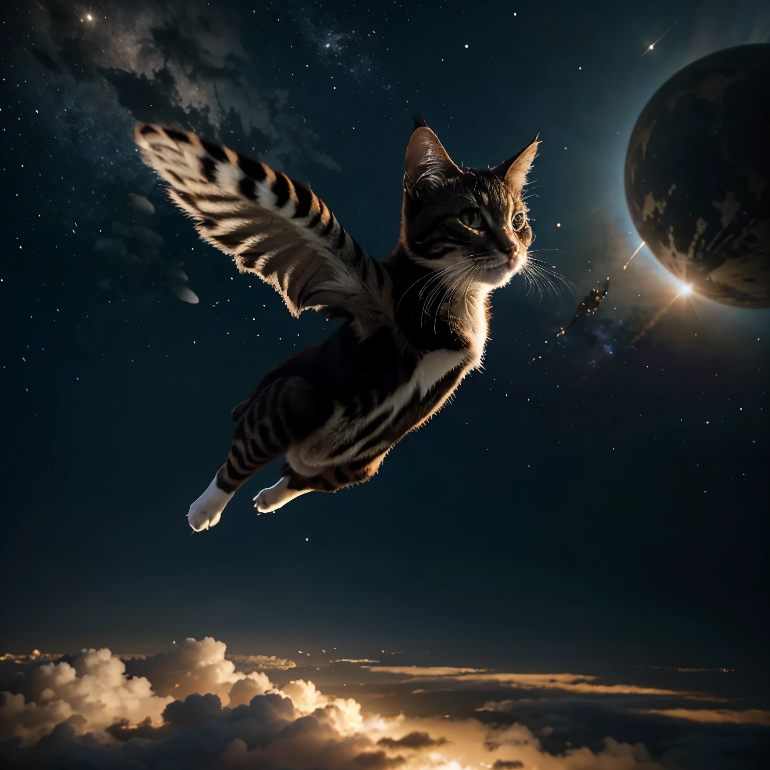 Create a photo of a flying cat in the galaxy