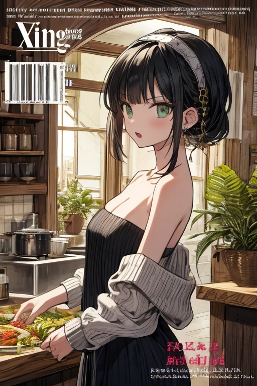(small breasts:1.3), (perky chest:1.1), (pointed chest:1.0), (fashion magazine cover:1.3),(from below:1.0),(from side:0.9),masterpiece, 1girl, Amazing Cleavage:1.1, thin waist, big ass, Raised sexy, small breast: 1.3, posed cleavage:1.2、solo, looking at viewer, open mouth, have a cute grass of cute beergrass,black hair, dark green eyes, dress, bare shoulders, jewelry, collarbone, sidelocks, hairband, earrings, indoors, off shoulder, :o, sweater, arms behind back, plant, short hair with long locks, gild hairband, off-shoulder dress, sweater dress, off-shoulder sweater, red sweater, dark gord hair, big side hair, very long side hair,is rendered in (masterpiece: 1.2, best quality), with (ultra high resolution) and an exquisite (depth of field). This masterpiece is not only visually stunning but also tells,A scene of cooking in the kitchen by classroom