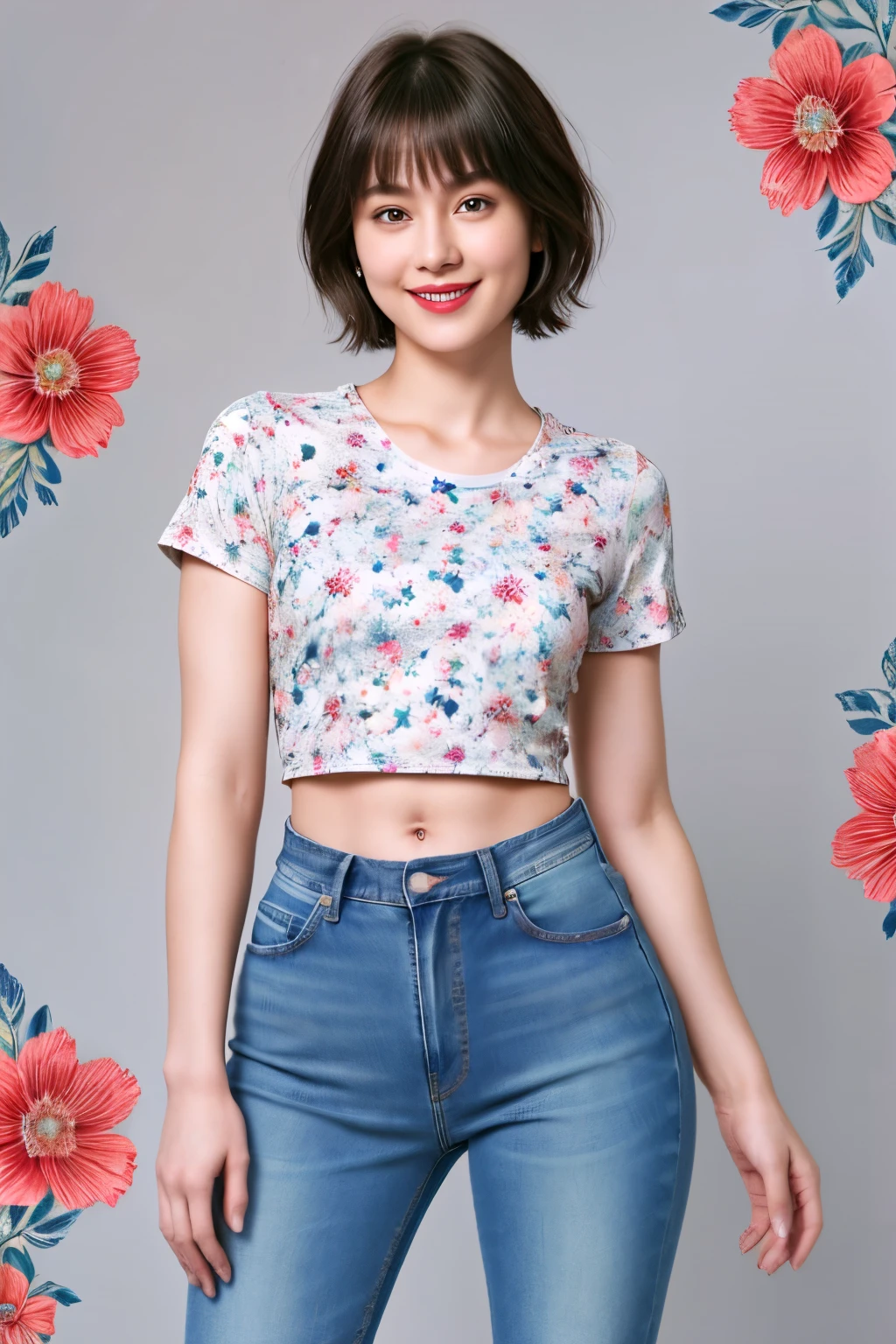 238 18-year-old female, short hair, (Jeans andＴ-shirt), A kind smile, lipstick, Abdominal muscles, (Floral Background、Fractal Patterns)