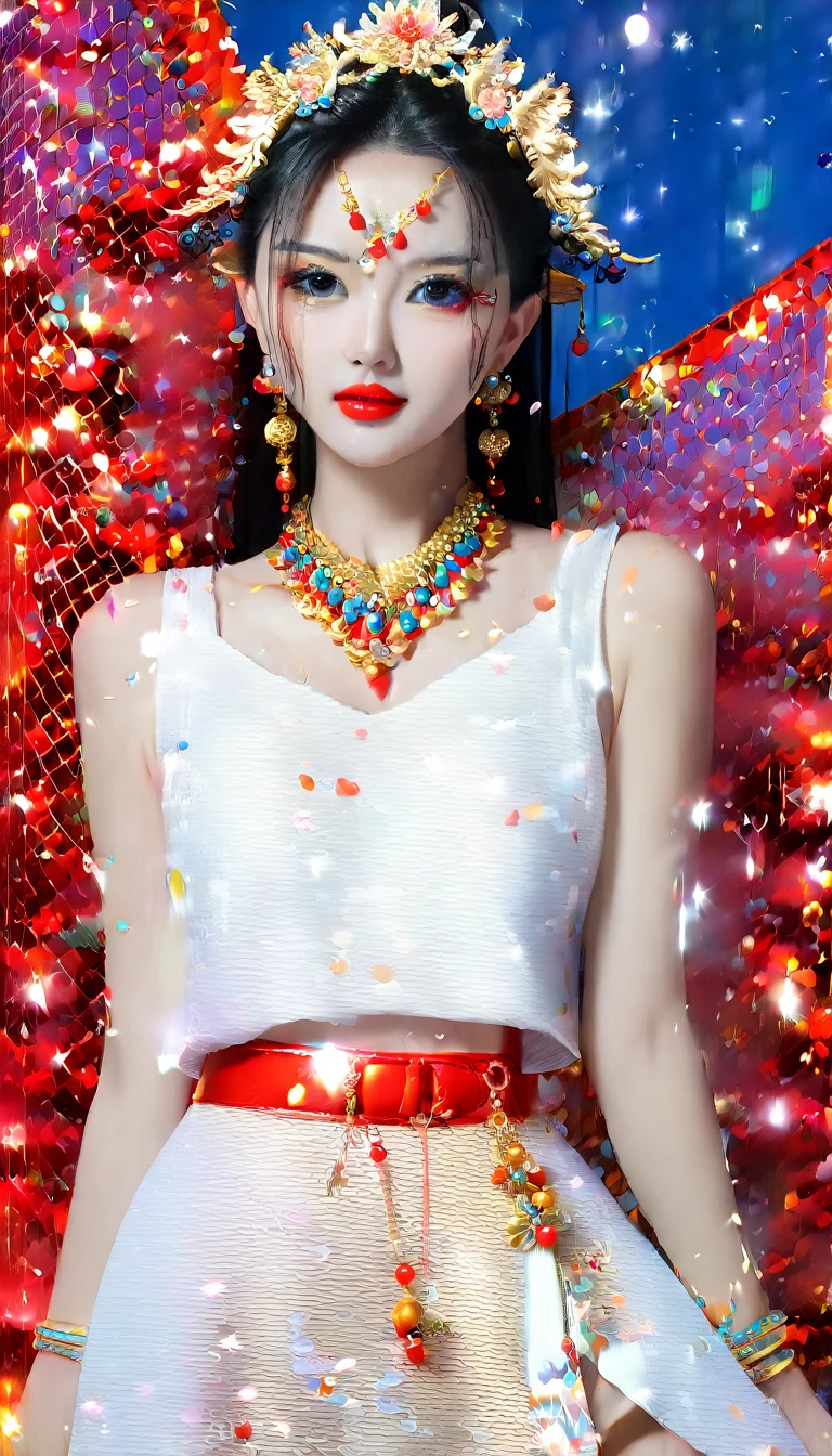 very beautiful girl; 
Age: from 18-20 years old;
skin: milk white, rosy and flawless, smooth texture, detail;
hair: yellow red, smooth, floating in the sunlight, detail;
eye: blue, charming, trang điểm high solution, true, long lanh, damp, siêu detail;
mí eye: delicate, Perfect Beauty, detail;
eyebrow: cong, dear, high solution, detail;
face: beautiful like a fairy, holiness, light makeup, Perfect balance, đẹp đến từng detail, tiêu điểm cực kỳ high solution;
nose: xinh, lovely, cao, detail;
cheekbone: prominent, detail;
lip: charming, (bright red lipstick), son bóng lovely, detail;
răng: Beaming smile, Lily-white, detail;
body: full of life, Tighten clothes;
accessory: chain, earring, bracelet, belt;
ngực: big and plump, Raised nipples, Deep chest slit, toning, bó chặt với Bra, damp, detail;
butt: develop, vừa khít underwear;
Bra: mesh fabric, metal thread, shiny;
underwear: colorful, bó sát body, bright red;
Image quality: ((Dark photo:1.1)), ((masterpiece:1.2)), ((Highest quality)), ((not NSFW)), ((8K CG HD)), ((high solution và tương phản:1.1)), ((Super nice graphics)), ((professional)), ((màu sắc detail)), ((colourful)), ((ultrafine)), ((advanced techniques)), ((RAW thật)),((Perfect texture)), ((Perfectly proportioned structure)), ((perfect photo)), ((super sophisticated)), ((face sáng)),((break the immersive perspective)), ;
light: ((color complex)), ((yellow-black rays));
light mặt trời: ((twinkle)), ((chiếu sáng body cô gái));
Girls wear (golden armor), ((dragon scales)) splendid decoration; wear ((long yellow boots)) có trang trí lạ eye; chain, Necklaces and jewelry ((solid gold)); wear earring vàng lớn; 
((Full body photo of a girl standing on a majestic warship, luxurious; Hand holding an ancient spear, big and long, mystical, conquer the ocean)), ((wail));
