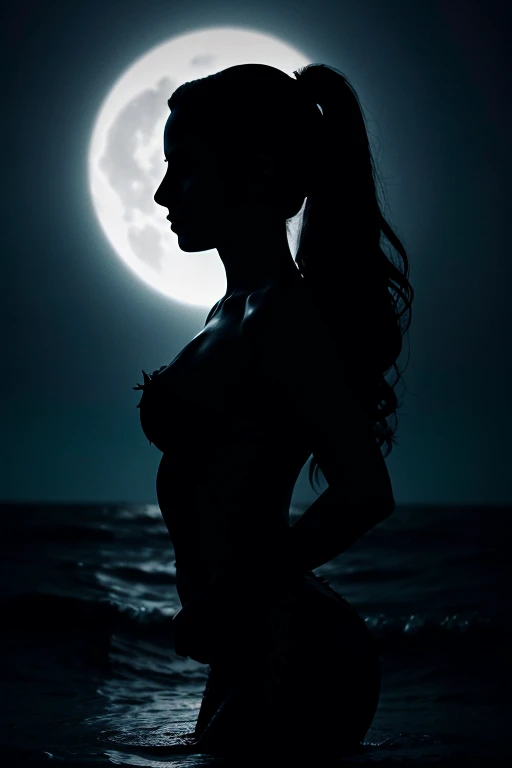 The silhouette of an evil mermaid emerges from the darkness, her eyes glowing with malice