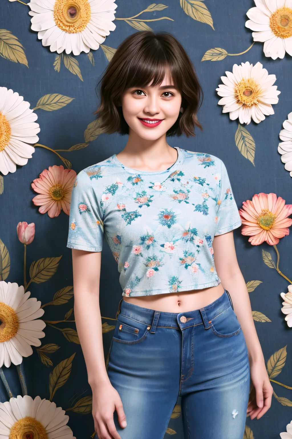 238 18-year-old female, short hair, (Jeans andT-shirt), A kind smile, lipstick, Abdominal muscles, (Floral Background、Fractal Patterns)