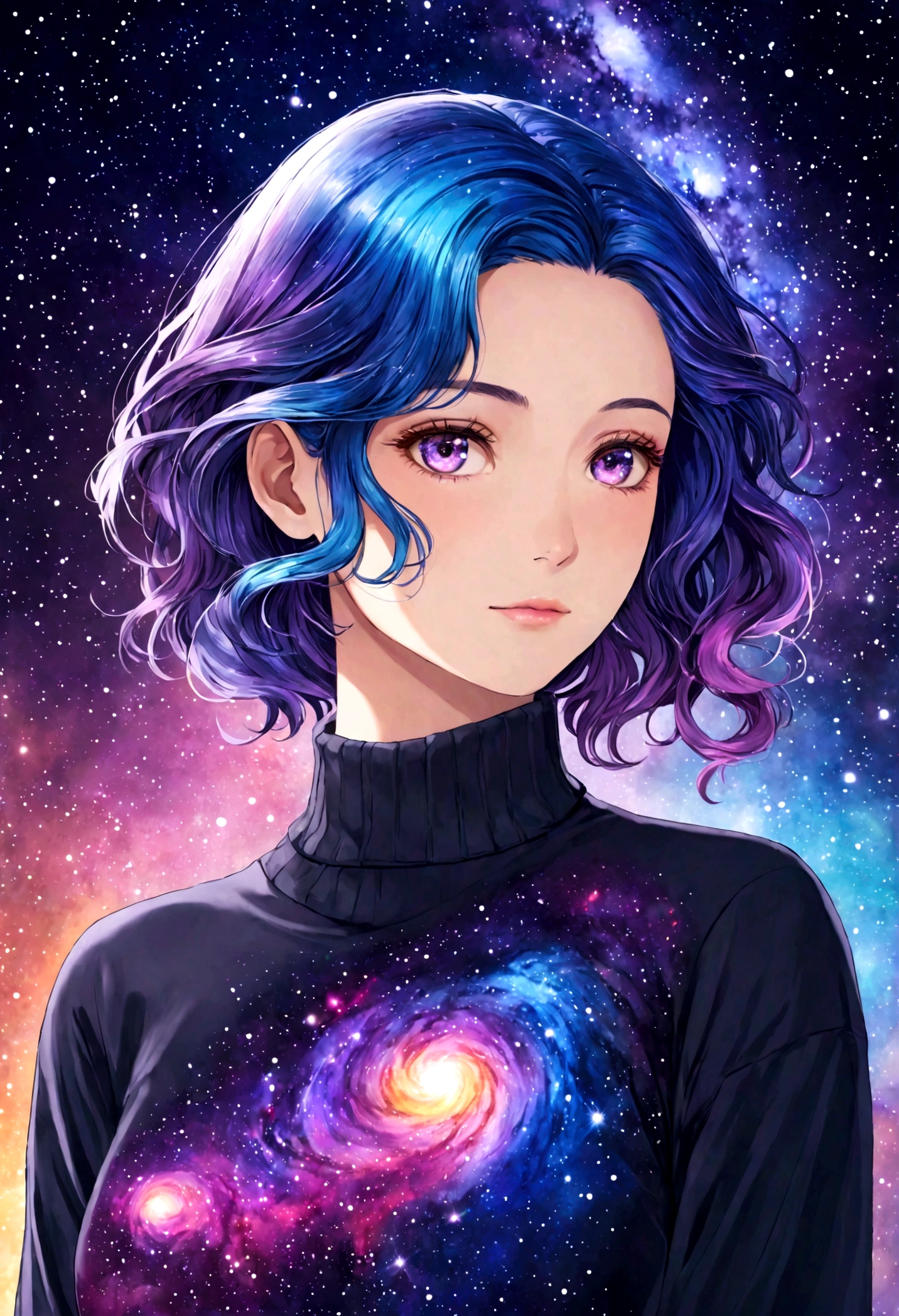 a woman with galaxy for hair, 