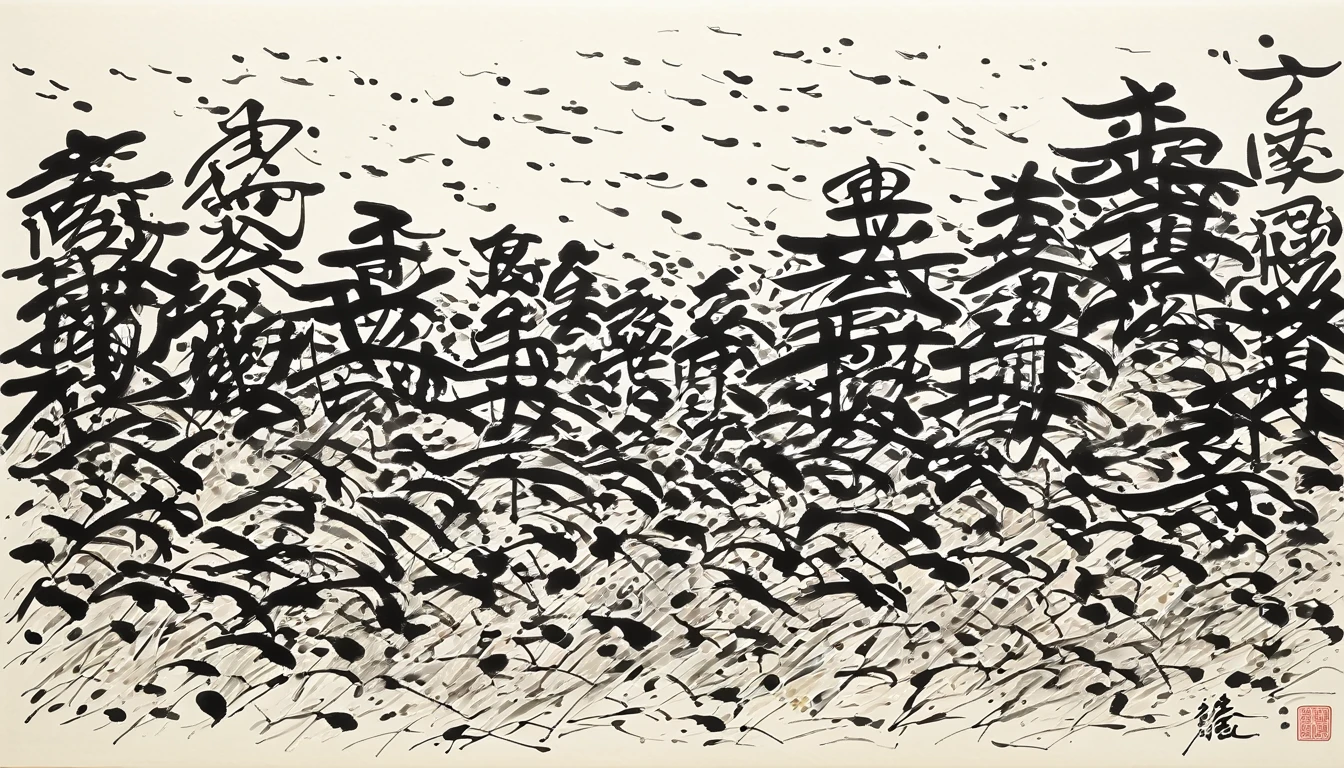 (Abstract ink painting:1.5)，author:Wu Guanzhong,author:Wu Guanzhong，Wu Guanzhong的艺术风格，A fusion of Chinese ink painting and modernist aesthetics，Simple yet powerful lines and shapes，Minimalist，