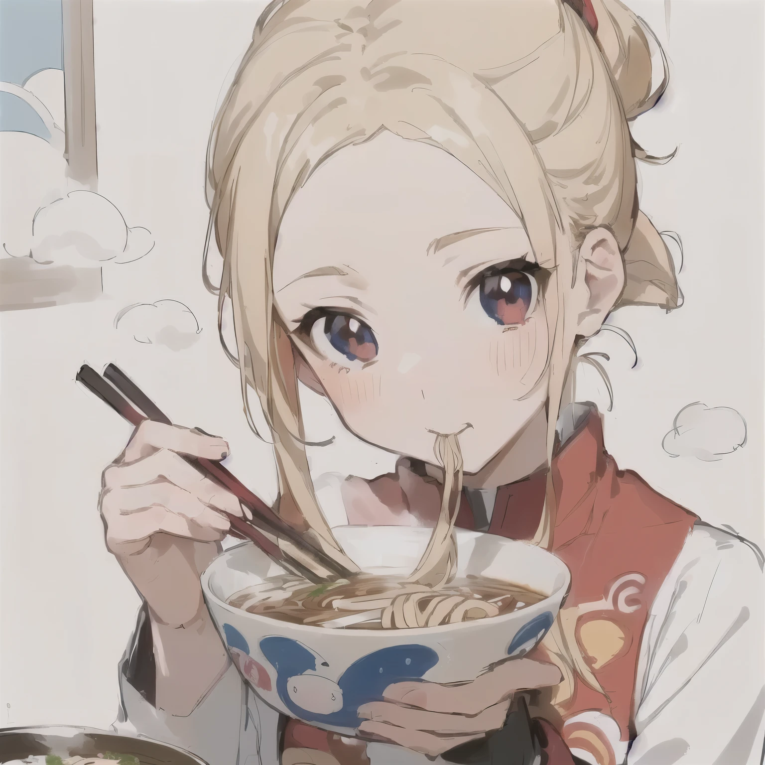 anime girl eating a bowl of noodles with chopsticks, eating ramen, anime visual of a cute girl, eating noodles, anime food, rin, sakimi chan, , cute anime girl portraits, blonde anime girl with long hair, cute anime girl, attractive anime girl, extremely cute anime girl face, ramen, splash art anime , beautiful anime portrait