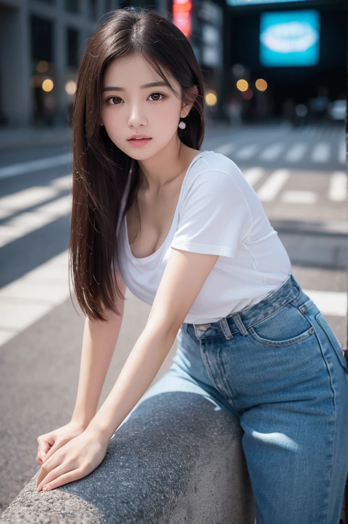 (8k, RAW Photos, highest quality, High resolution:1.1), (hyperRealistic:1.4),(Realistic, photoRealistic:1.3), soft light,Realistic face,Realistic body,Realistic skin,Confused,masterpiece,(cute:1.8),(leaning forward:1.8),(From above:1.2),(close:1.4),crawl on all fours,throw,( Detailed White Loose T-Shirt:1.2),(Beautiful breasts:0.9),(Long Hair,ponytail),(big:1.2),Cleavage,fine black eyes,Innocent eyes,Droopy eyes,Watery eye,Open lips,blush,Good style,Cinema Lights,film Grain,close,Look Viewer,full Body,Depth of field, Blurred Background,Eye focus,young,85mm lens, f/ 1.4,professional lighting,Portraiture,Photon Mapping,Radio City,Physically Based Rendering,Transparency,Japanese Girls,