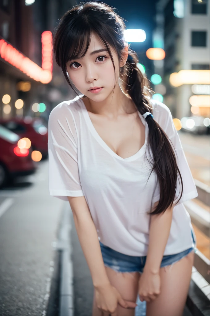 (8k, RAW Photos, highest quality, High resolution:1.1), (hyperRealistic:1.4),(Realistic, photoRealistic:1.3), soft light,Realistic face,Realistic body,Realistic skin,Confused,masterpiece,(cute:1.8),(leaning forward:1.8),(From above:1.2),(close:1.4),crawl on all fours,throw,( Detailed White Loose T-Shirt:1.2),(Beautiful breasts:0.9),(Long Hair,ponytail),(big:1.2),Cleavage,fine black eyes,Innocent eyes,Droopy eyes,Watery eye,Open lips,blush,Good style,Cinema Lights,film Grain,close,Look Viewer,full Body,Depth of field, Blurred Background,Eye focus,young,85mm lens, f/ 1.4,professional lighting,Portraiture,Photon Mapping,Radio City,Physically Based Rendering,Transparency,Japanese Girls,