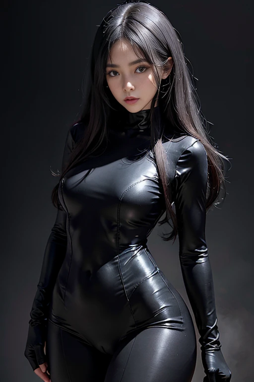 Skin-tight black bodysuit, Volumetric lighting、Highly detailed face、One girl、Exposed thighs、Exposed buttocks、(Accentuate small breasts)、、dark、Deep Shadow、Low Key、Hair length、Gray Hair、Turn around