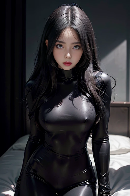 Skin-tight black bodysuit, Volumetric lighting、Highly detailed face、One girl、Exposed thighs、Exposed buttocks、(Accentuate small breasts)、、dark、Deep Shadow、Low Key、Hair length、Gray Hair、Turn around