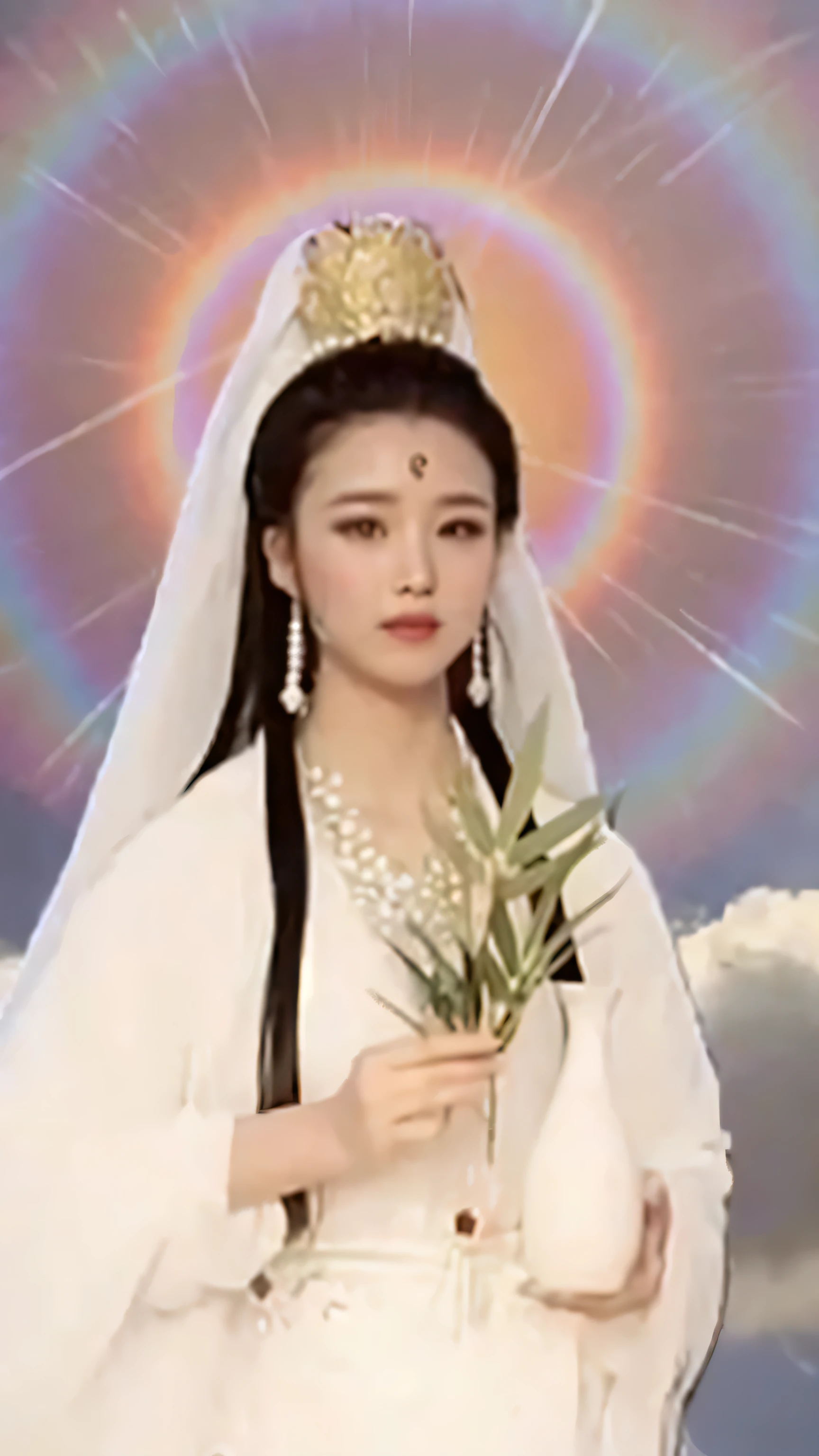 A woman in a white dress holds a flower in front of a rainbow, Guanyin, ancient chinese goddess, Queen of the Sea Mu Yanling, Goddess of love and peace, 南海Guanyin, queen of heaven, Yudai Chiba, shaxi, White-haired god, Inspired by Roma