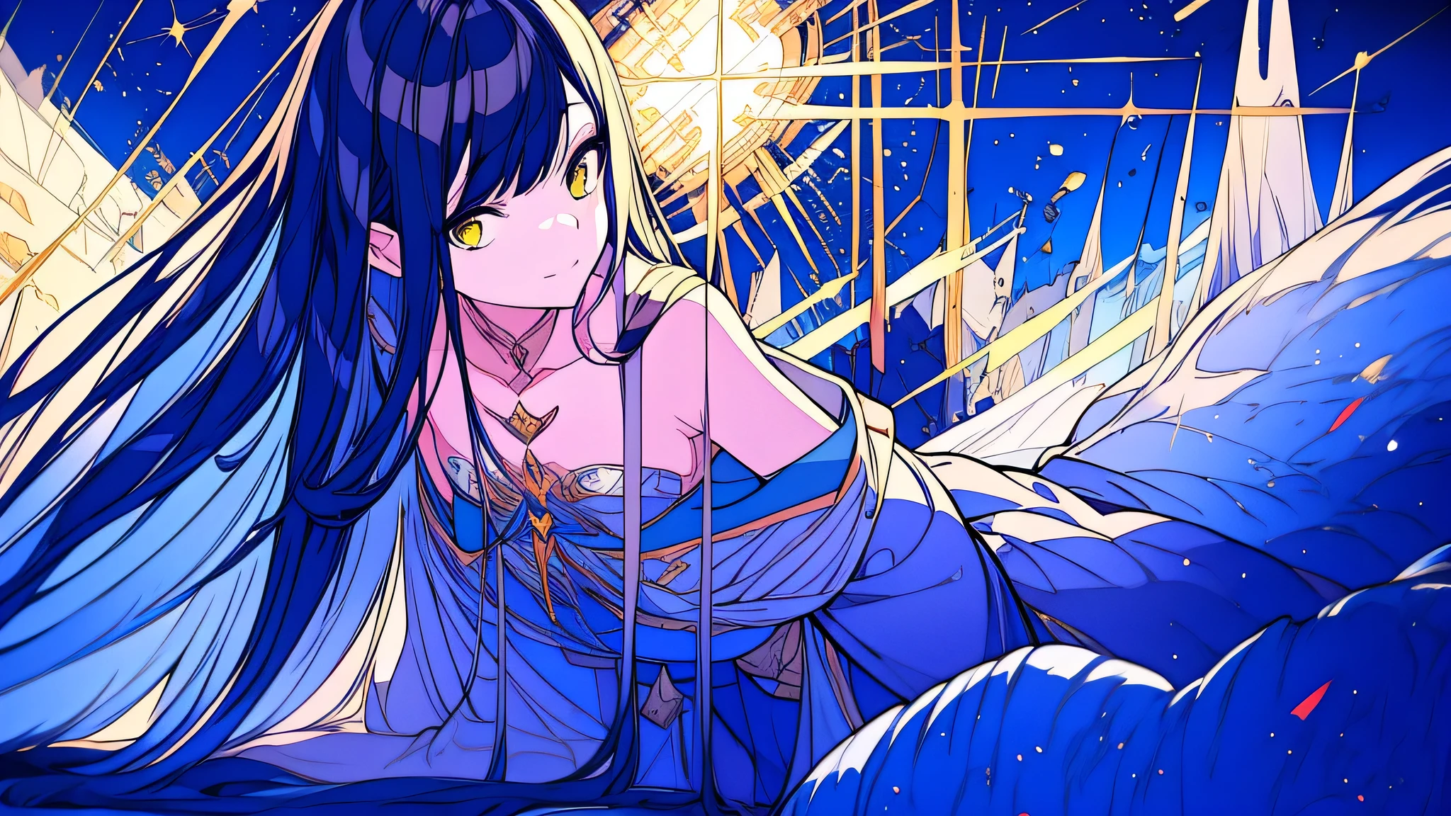 Solo, an alone mature girl with long blue and yellow eyes sitting on the bed and spread leg , night, High detail mature face, tie hair on the left side, golden eyes, bare leg, bare shoulder, white noble priest dress, high res, ultra sharp, 8k, masterpiece, smiling, fantasy world, magical radiance background ((Best quality)), ((masterpiece)), 3D, HDR (High Dynamic Range),Ray Tracing, NVIDIA RTX, Super-Resolution, Unreal 5,Subsurface scattering, PBR Texturing, Post-processing, Anisotropic Filtering, Depth-of-field, Maximum clarity and sharpness, Multi-layered textures, Albedo and Specular maps, Surface shading, Accurate simulation of light-material interaction, Perfect proportions, Octane Render, Two-tone lighting, Wide aperture, Low ISO, White balance, Rule of thirds,8K RAW, Aura, masterpiece, best quality, Mysterious expression, magical effects like sparkles or energy, flowing robes or enchanting attire, mechanic creatures or mystical background, rim lighting, side lighting, cinematic light, ultra high res, 8k uhd, film grain, best shadow, delicate, RAW, light particles, detailed skin texture, detailed cloth texture, beautiful face, 
(masterpiece), best quality, expressive eyes, perfect face,