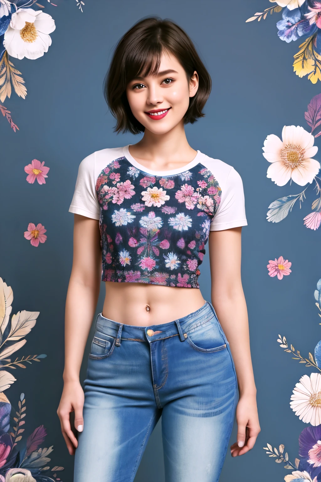 238 18-year-old female, short hair, (Jeans andT-shirt), A kind smile, lipstick, Abdominal muscles, (Floral Background、Fractal Patterns)
