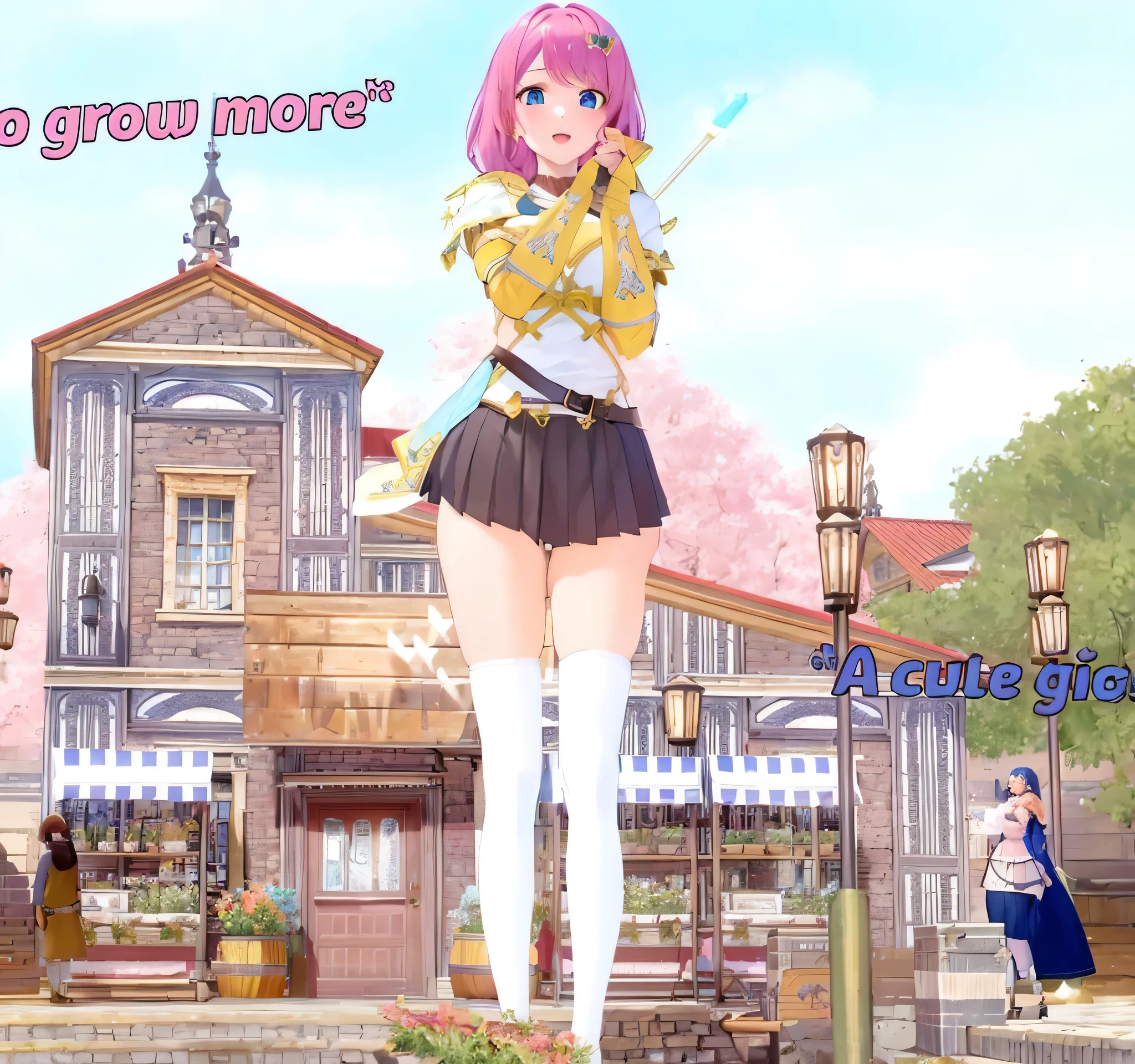best quality, photorealistic, 8k, high res, 1girl,(skindentation), (large breast), (professional lighting, bokeh), (fantasy), (medieval town), (people, crowds), (day),(pink hair), (blue eyes), (portrait), gorgeous, bloom, gts, no text, toned, thick thighs