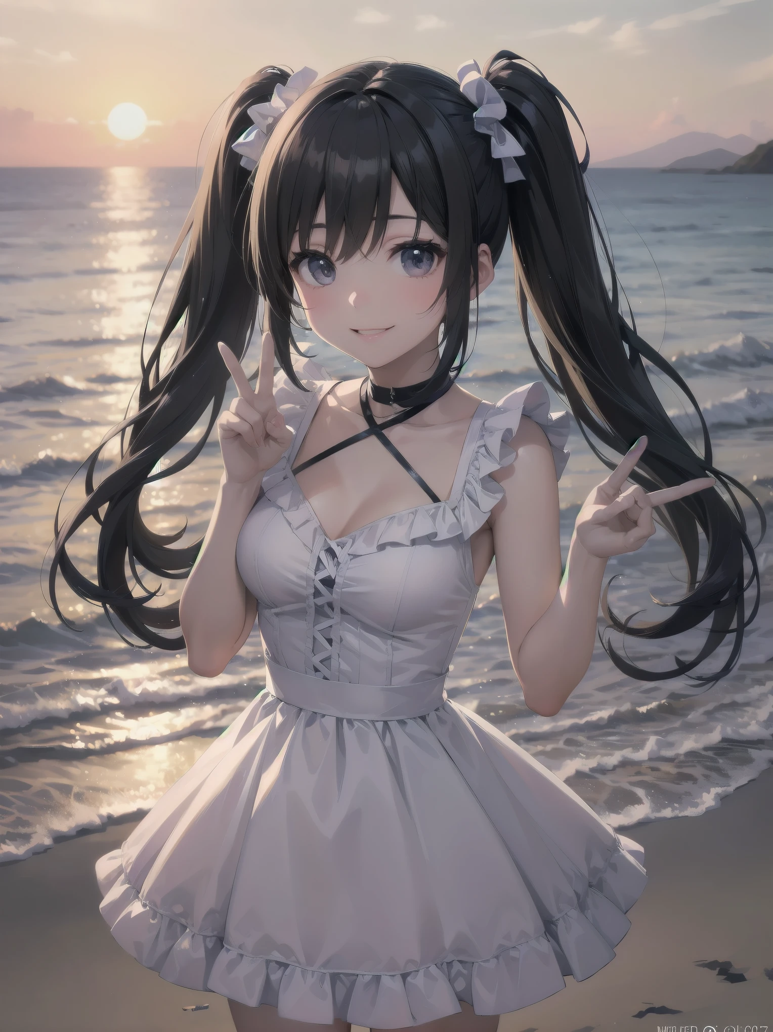 Subject: Cute beautiful girl
Subtitle: {Twintails in long black hair}{White frilly dress}{Peace sign}{Sunset on the beach}{Smile}{High quality camera, f/2.8, 1/250 sec, ISO 100, blurred background effect}

A beautiful girl with long black hair tied in twin-tails stands on a beach at sunset. Her white frilly dress is swaying in the wind, enhancing her elegance. The beautiful girl makes a peace sign and smiles. The orange of the setting sun illuminates her face, making her smile look even prettier. The background clearly shows the expanse of sea and sky, and the whole scene is as beautiful as a scene from a film. The camera was set to a high quality camera with an aperture of f/2.8, a shutter speed of 1/250 sec and ISO 100, and the background was blurred to make the subject stand out.