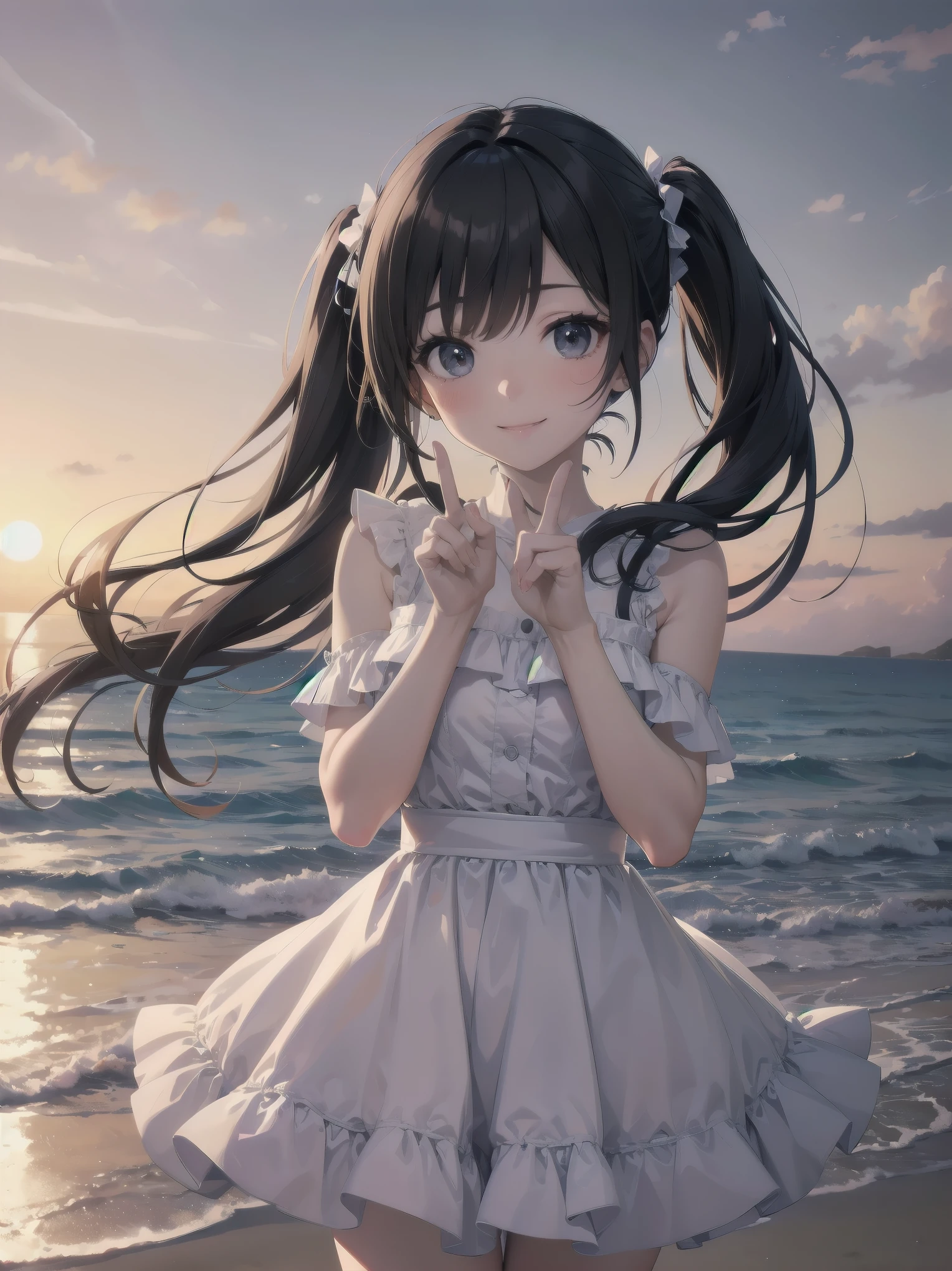 Subject: Cute beautiful girl
Subtitle: {Twintails in long black hair}{White frilly dress}{Peace sign}{Sunset on the beach}{Smile}{High quality camera, f/2.8, 1/250 sec, ISO 100, blurred background effect}

A beautiful girl with long black hair tied in twin-tails stands on a beach at sunset. Her white frilly dress is swaying in the wind, enhancing her elegance. The beautiful girl makes a peace sign and smiles. The orange of the setting sun illuminates her face, making her smile look even prettier. The background clearly shows the expanse of sea and sky, and the whole scene is as beautiful as a scene from a film. The camera was set to a high quality camera with an aperture of f/2.8, a shutter speed of 1/250 sec and ISO 100, and the background was blurred to make the subject stand out.