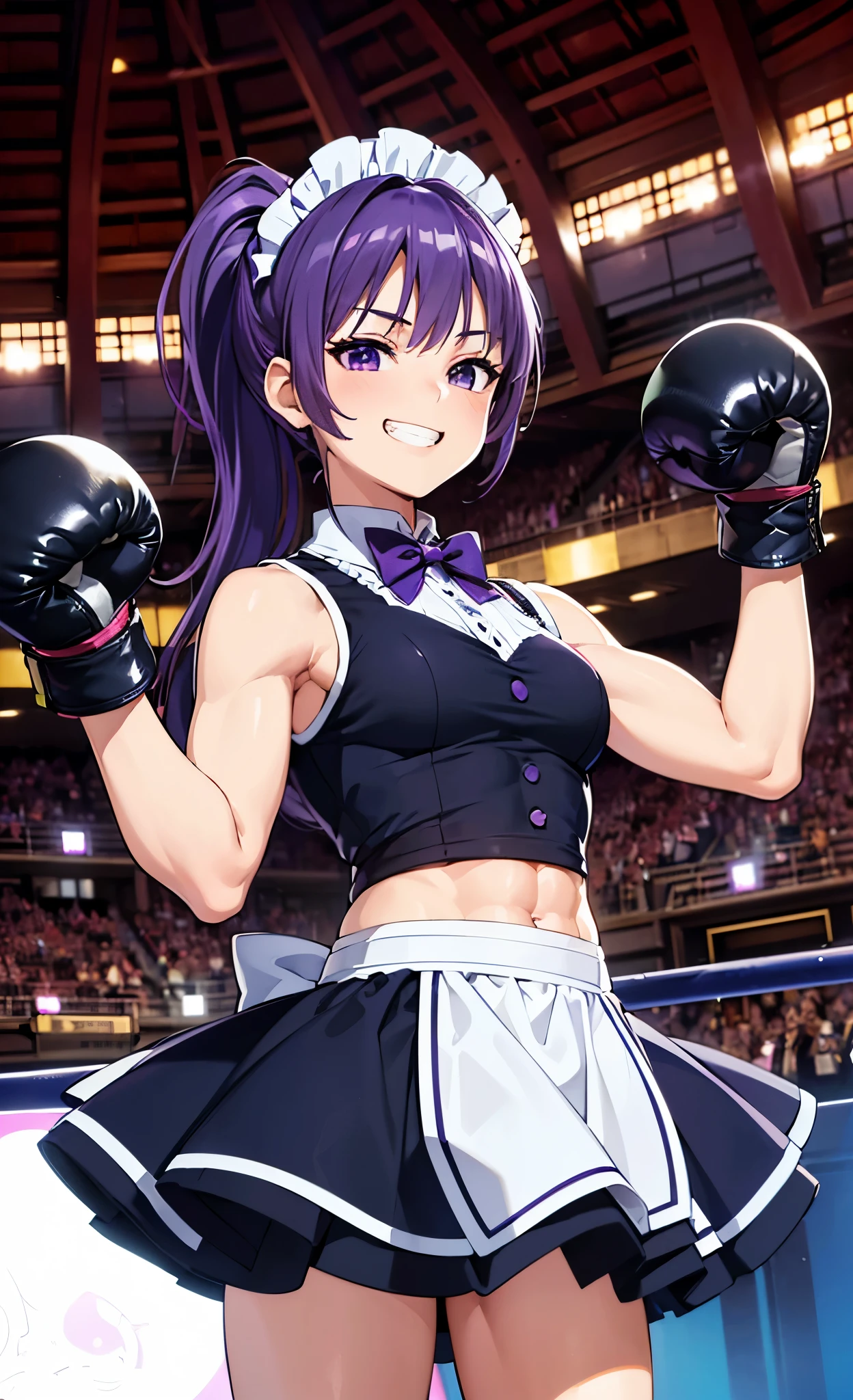 masterpiece, best quality, ultra detailed, ultra high resolution, very detailed face, anime, bottom up angle, ((solo)), (((girl, purple hair, ponytail))), ((sleeveless, short skirt, maid uniform)), small breast, slender body, (six pack abs:1.25), (muscle: 1.2), smile, teeth, grin, on the boxing ring, indoor