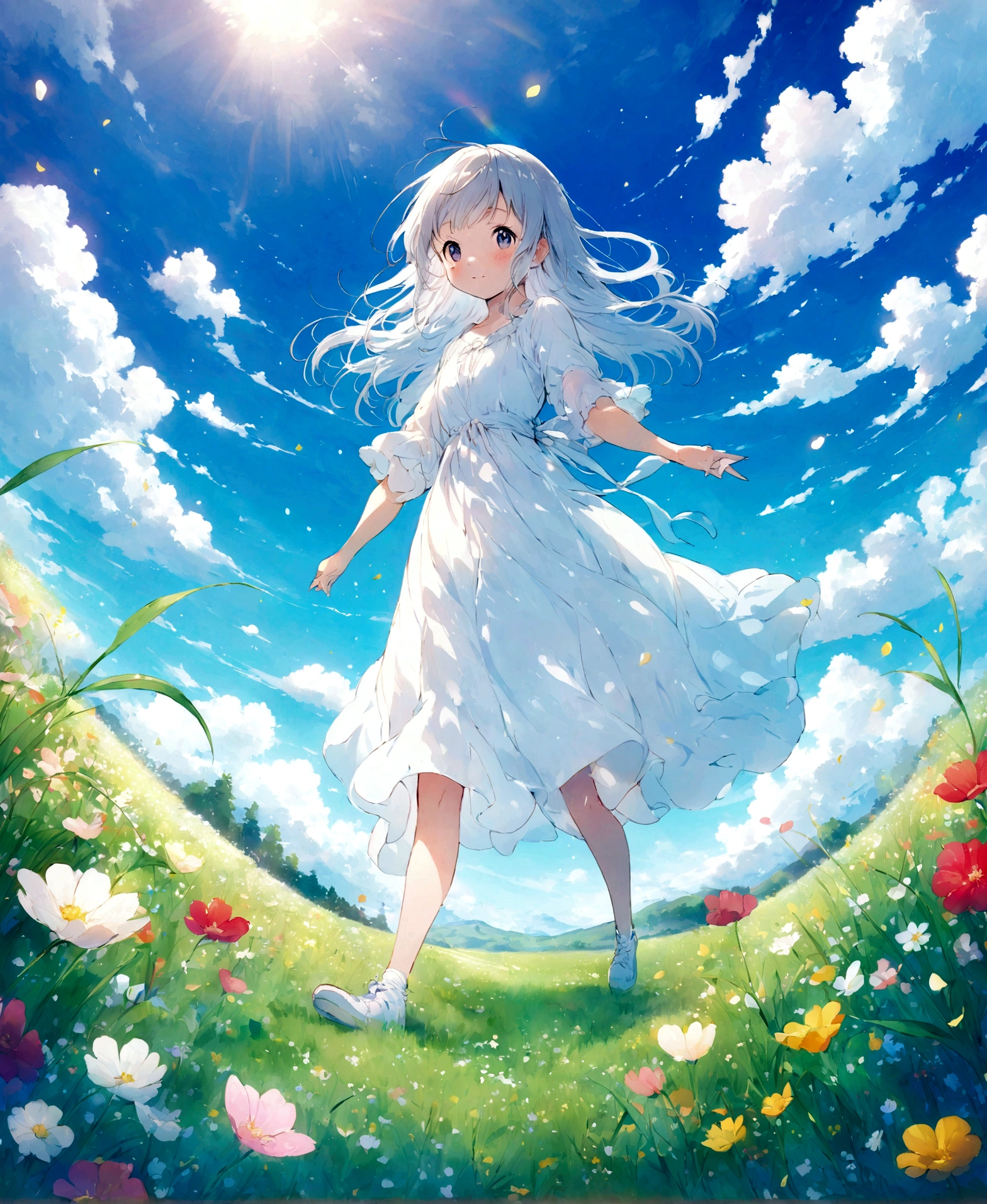 Practical, for real, Beautiful and stunning landscape oil paintings Studio Ghibli Hayao Miyazaki'Petal grassland with blue sky and white clouds