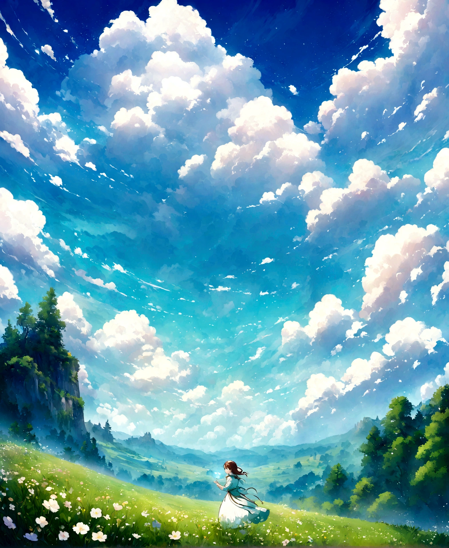 Practical, for real, Beautiful and stunning landscape oil paintings Studio Ghibli Hayao Miyazaki&#39;Petal grassland with blue sky and white clouds